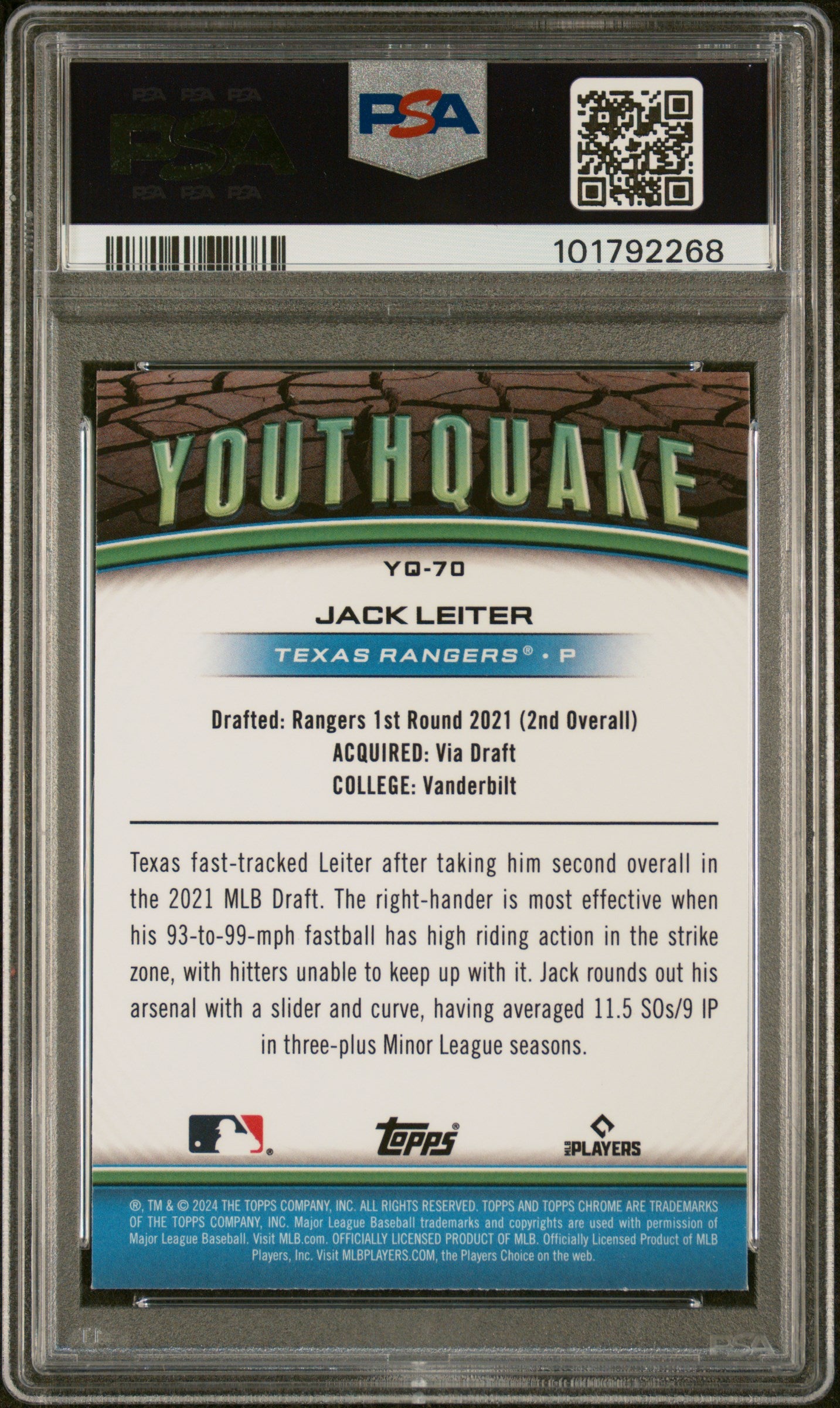2024 Topps Chrome Youthquake #YQ70 Jack Leiter Update PSA 10