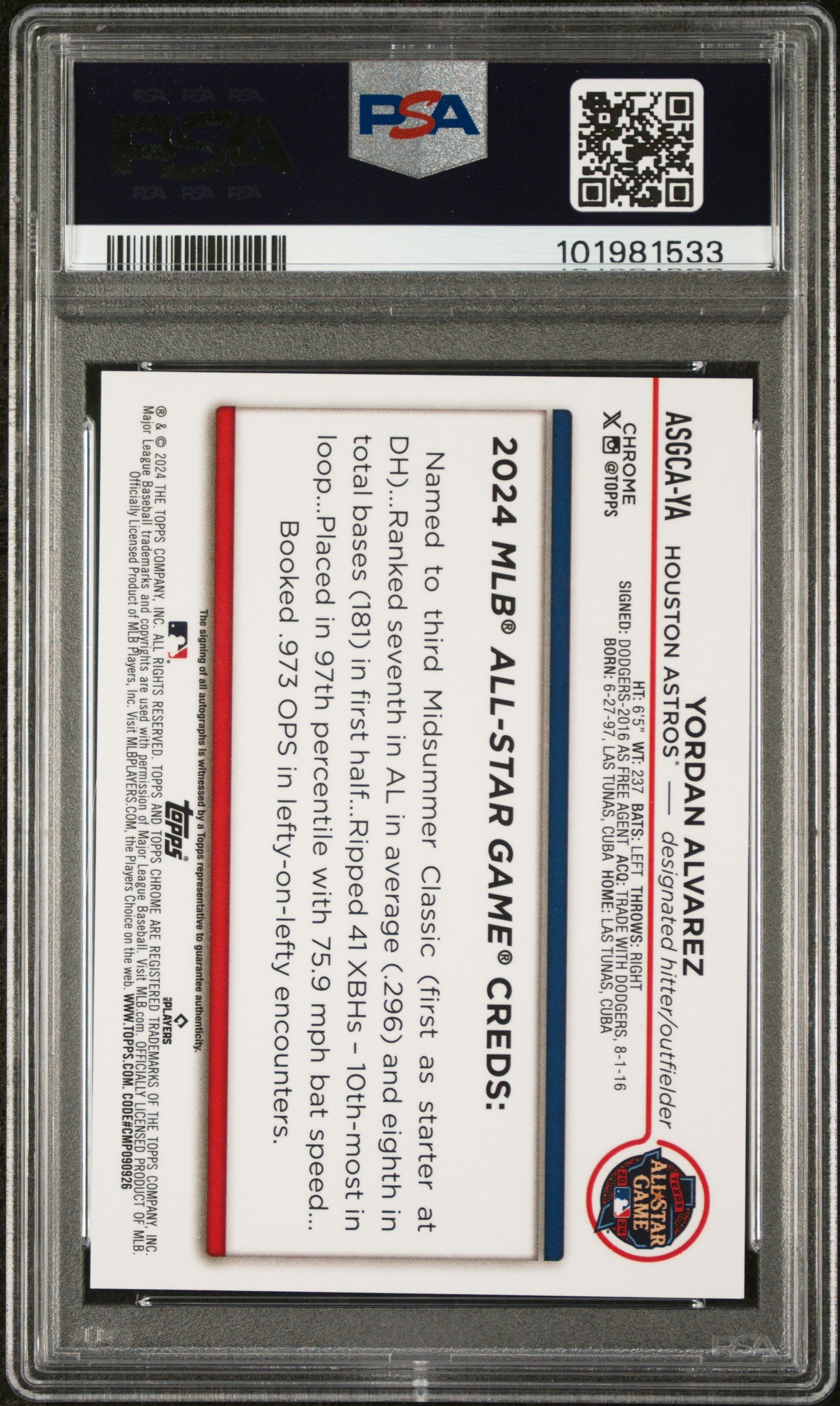 2024 Topps Chrome 2024 All-Star Game Auto #YA Yordan Alvarez BLK/10 PSA 10