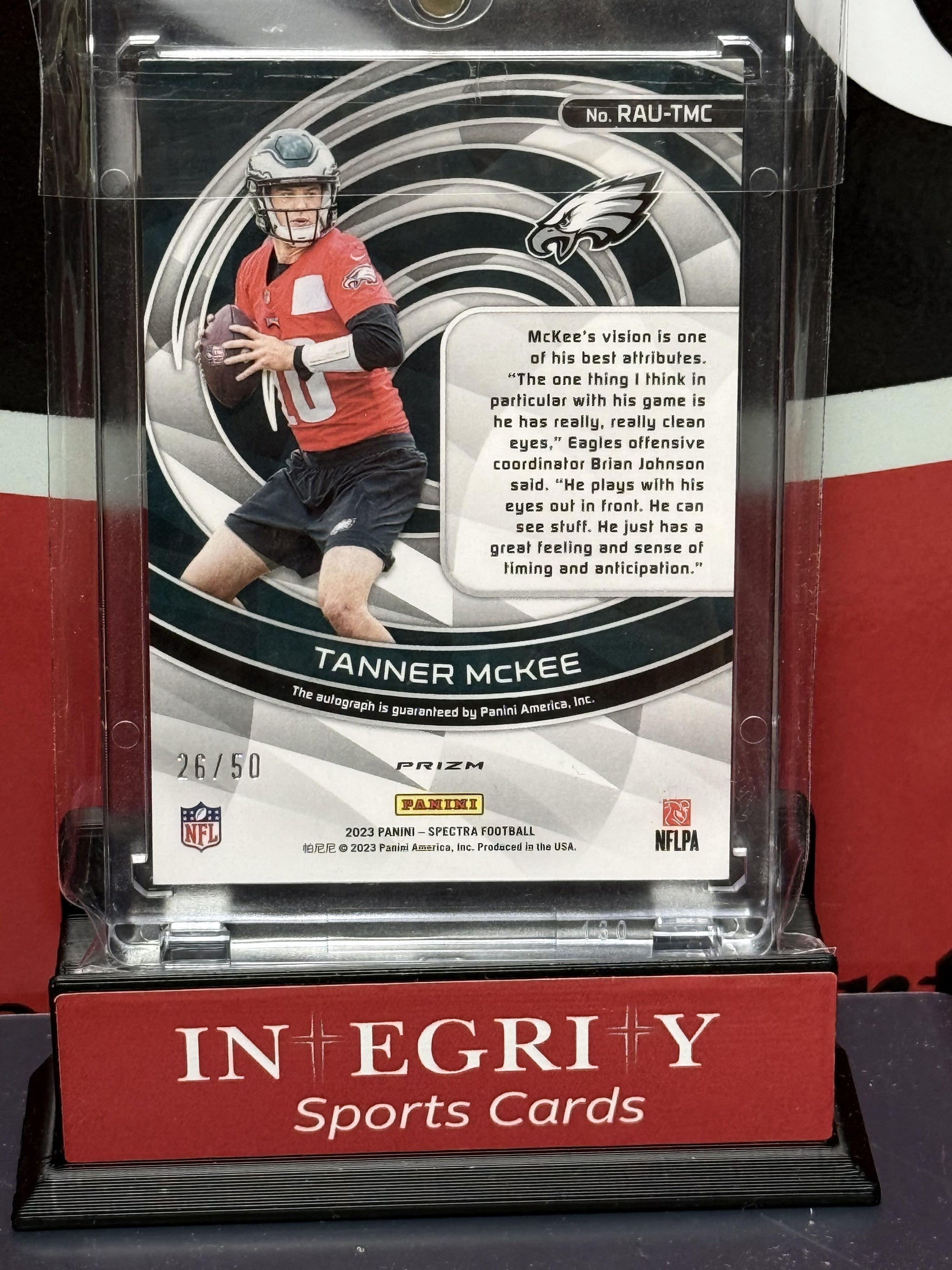 2023 Panini Spectra #RAU-TMC Tanner McKee Rookie Autographs Neon Blue #/50
