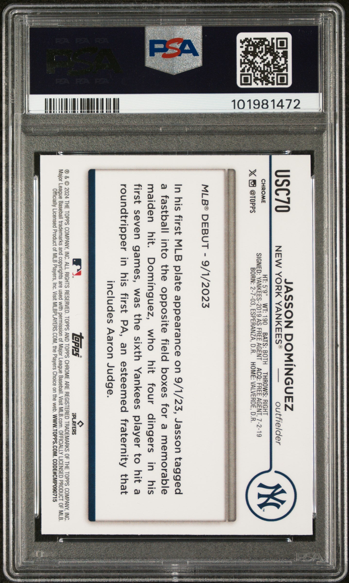 2024 Topps Chrome Update #USC70 Jasson Dominguez X-Fractor PSA 10