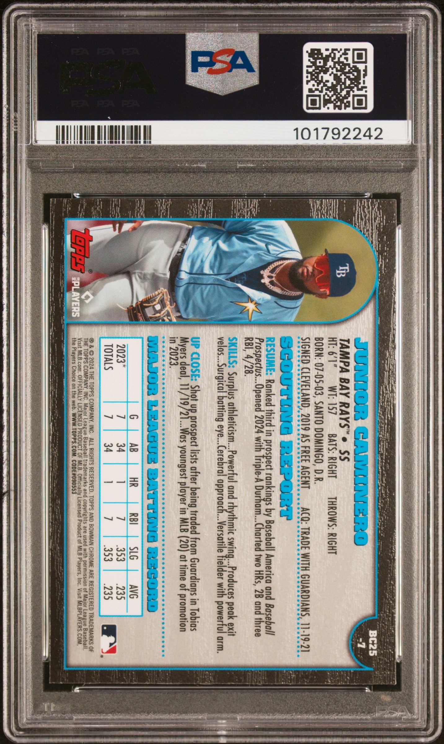 2024 Bowman Chrome 1999 Bowman Chrome 25th Anniversary #7 Junior Caminero PSA 10