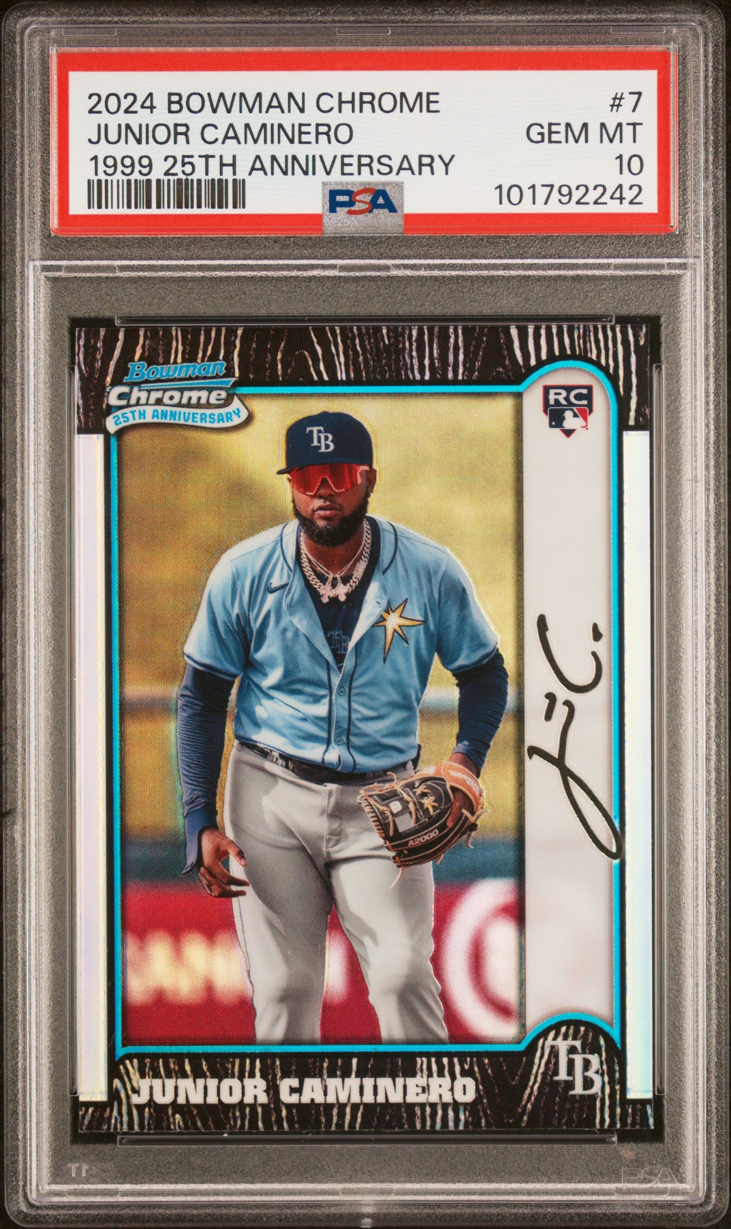 2024 Bowman Chrome 1999 Bowman Chrome 25th Anniversary #7 Junior Caminero PSA 10