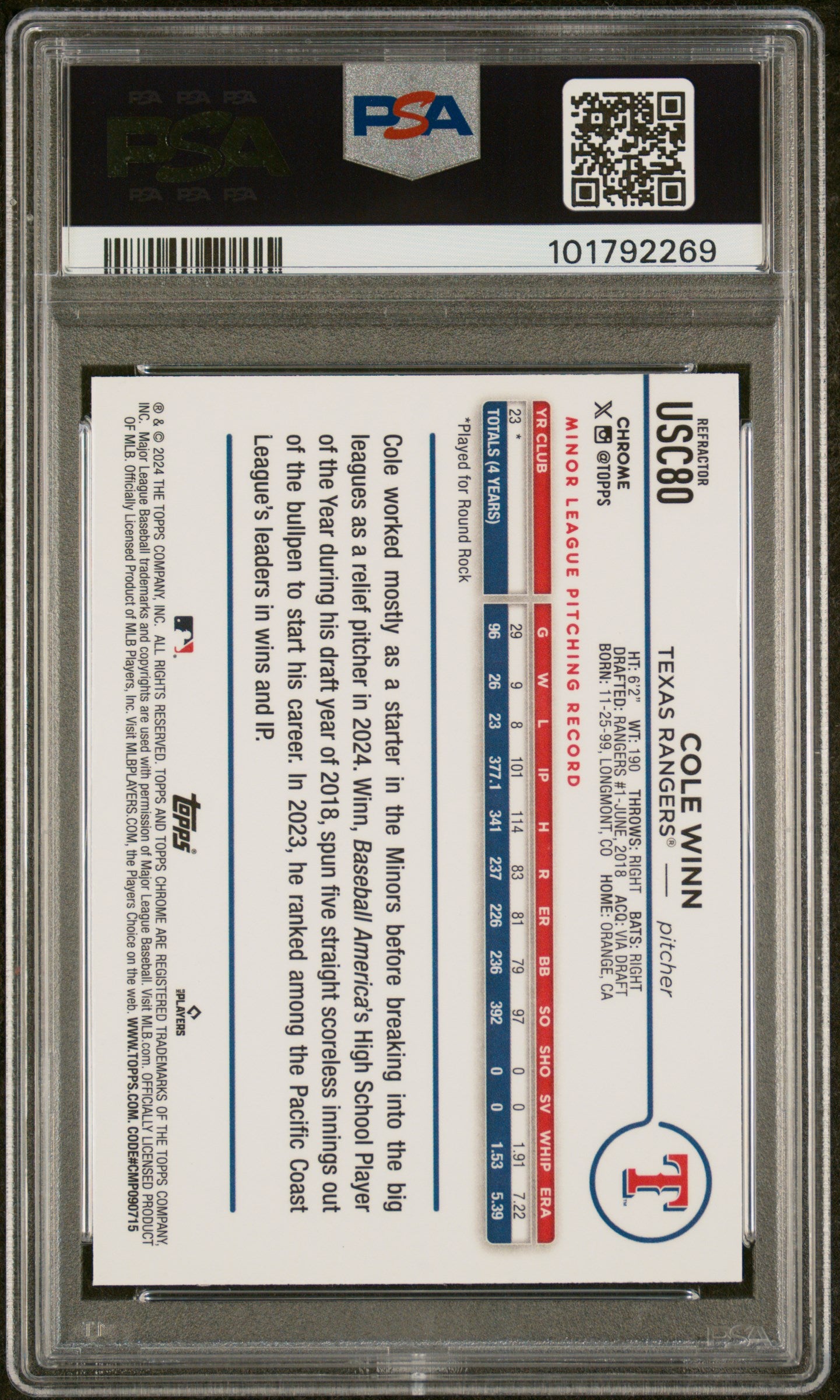 2024 Topps Chrome Update #USC80 Cole Winn Refractor PSA 9