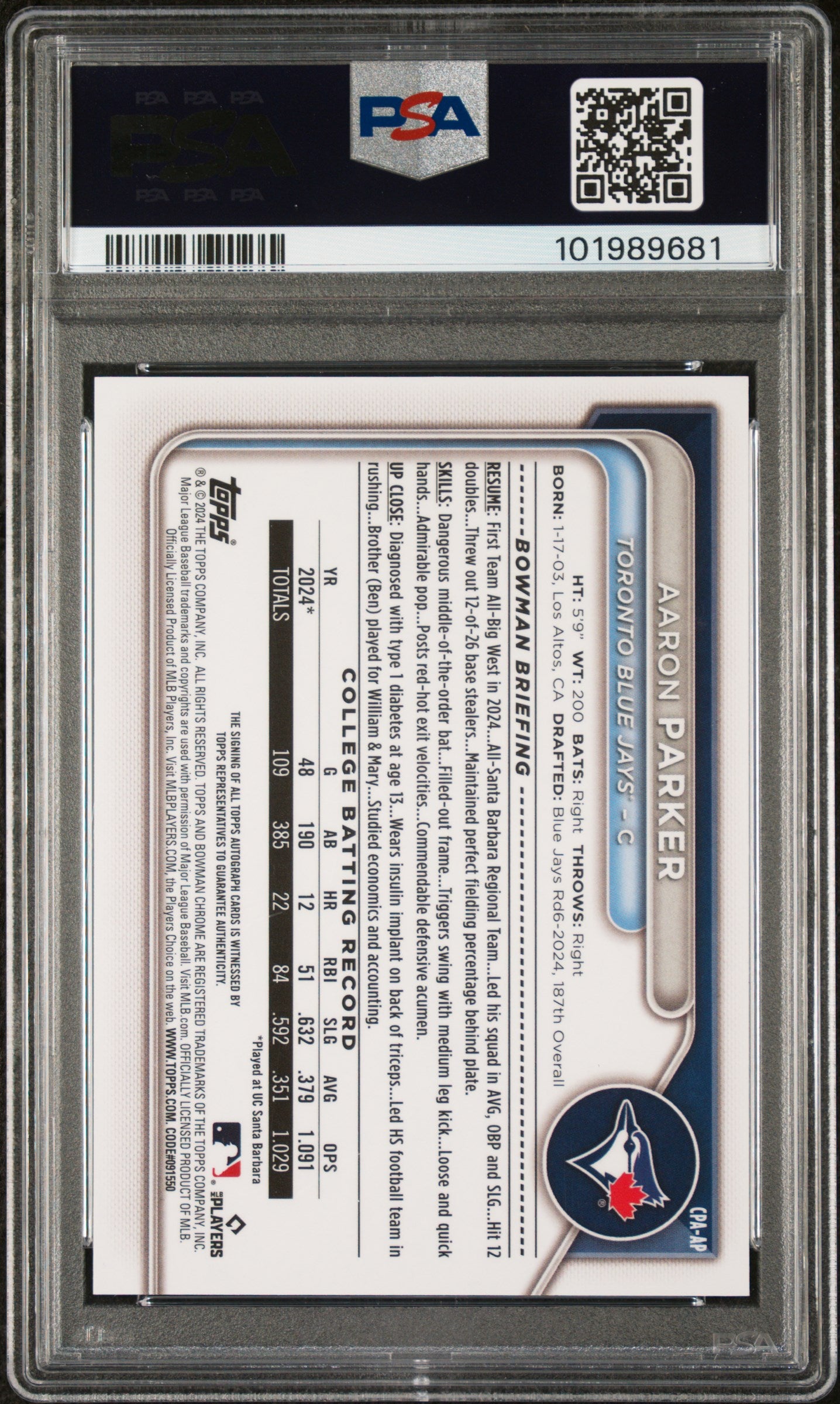 2024 Bowman Draft Chrome Prospect Autographs #CPAAP Aaron Parker PSA 9