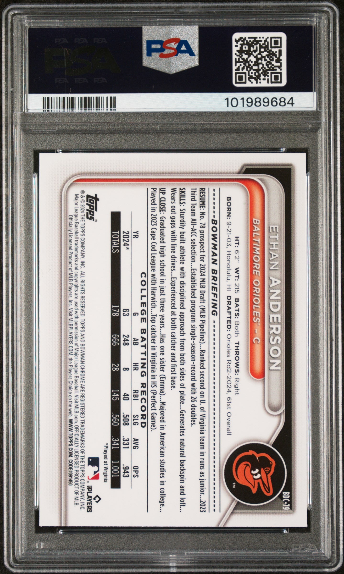 2024 Bowman Draft #BDC79 Ethan Anderson Chrome-Aqua Wave PSA 9