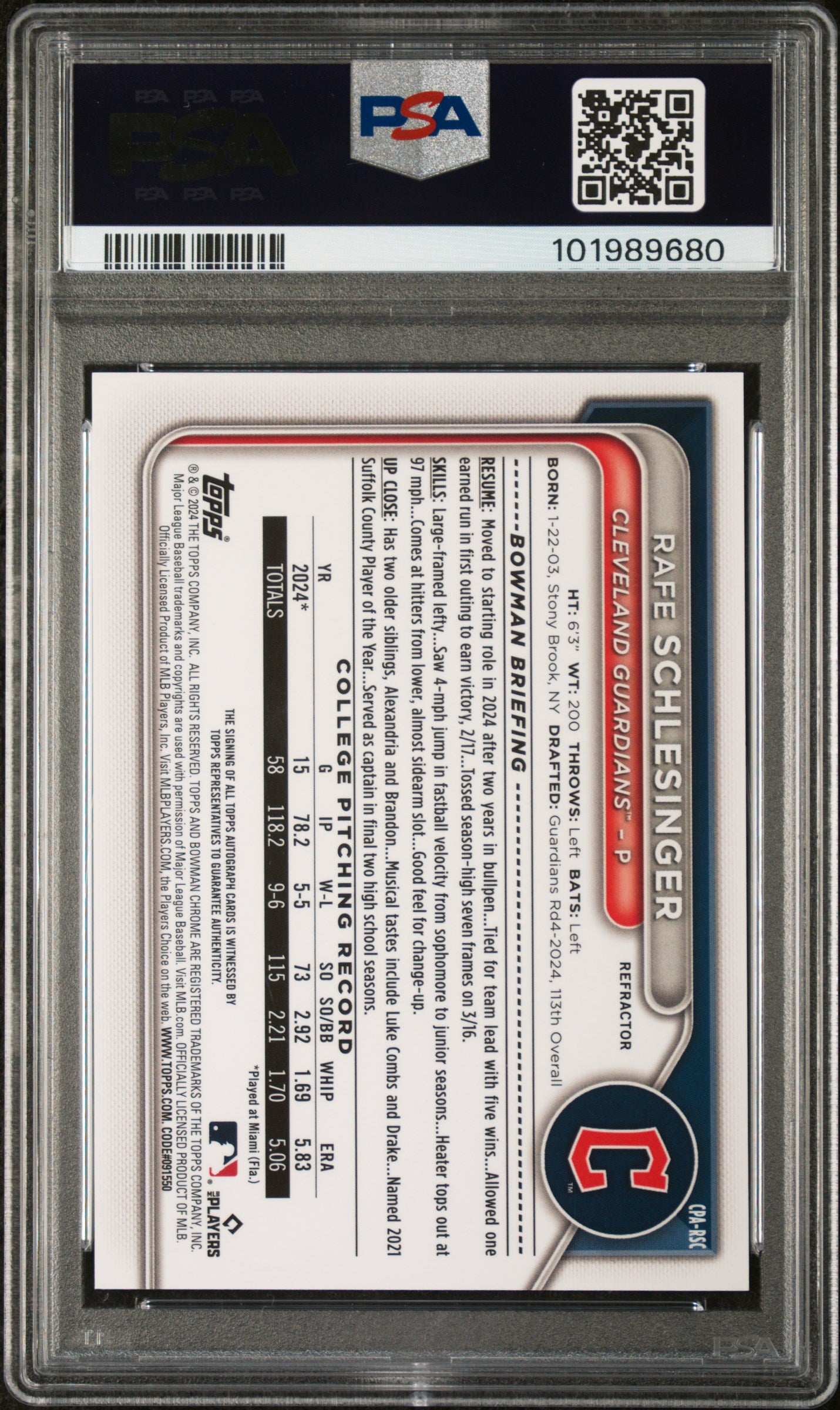 2024 Bowman Draft Chrome Autographs #CPARSC Rafe Schlesinger Refractor/499 PSA 8