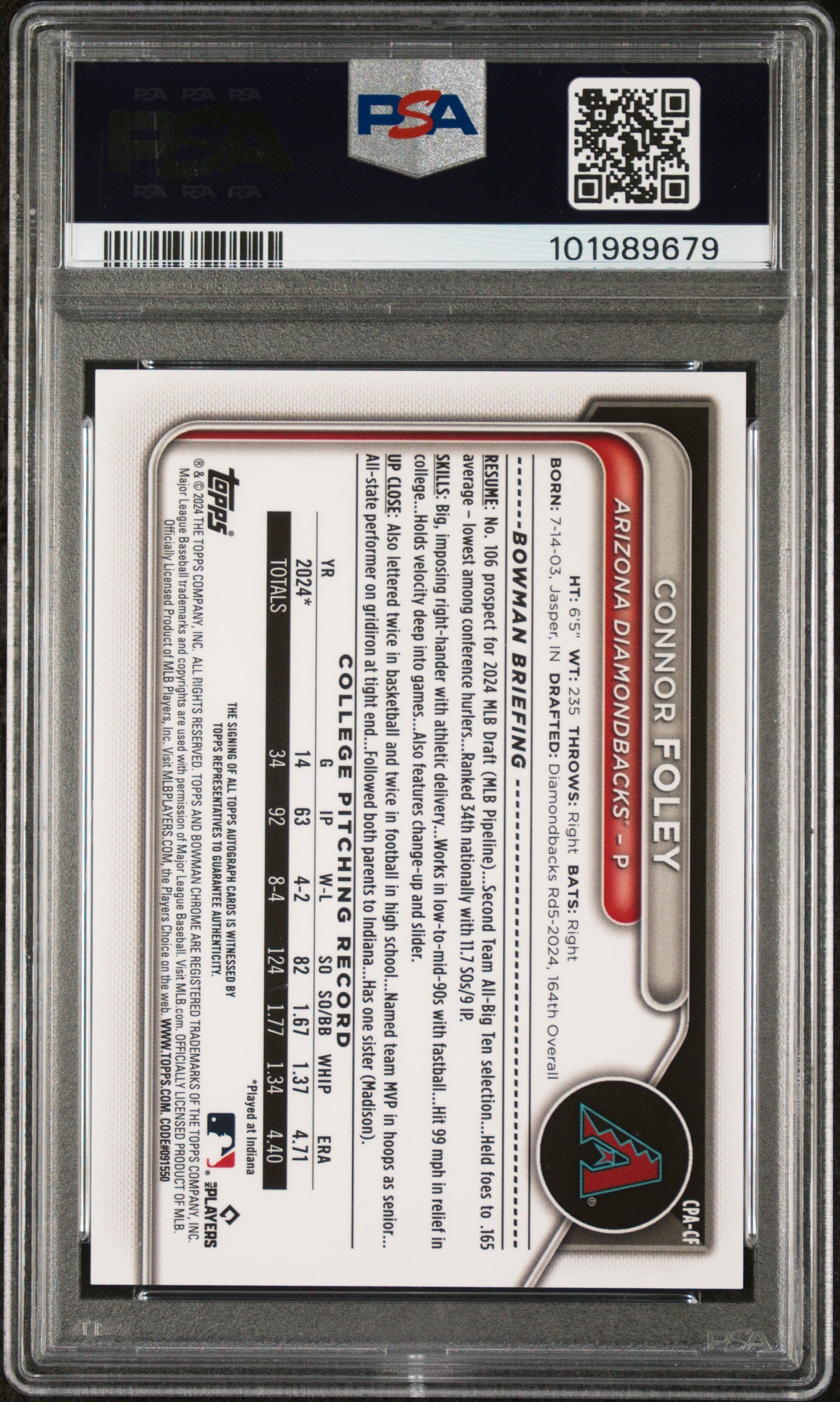 2024 Bowman Draft Chrome Prospect Autographs #CPACF Connor Foley PSA 10