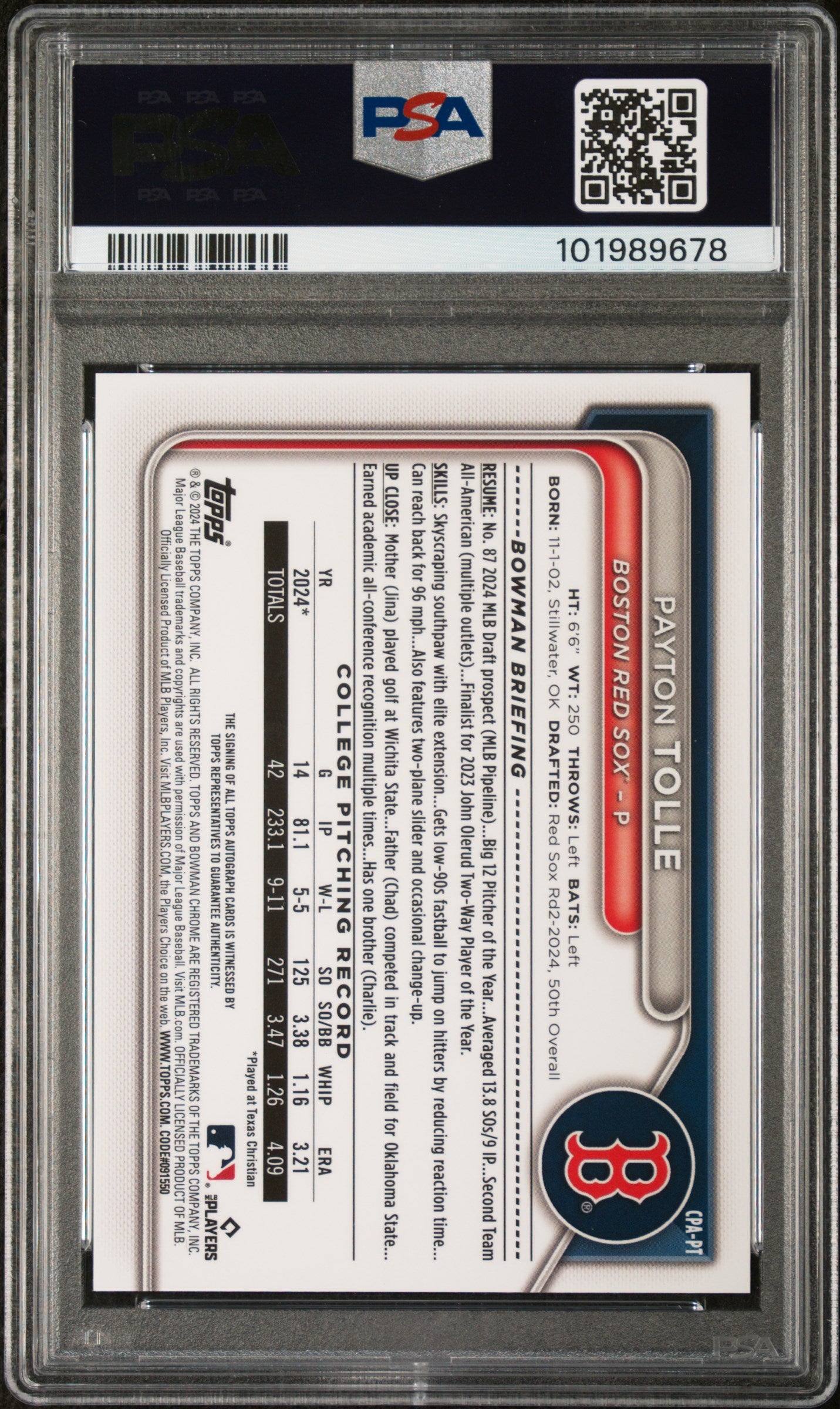 2024 Bowman Draft Chrome Prospect Autographs #CPAPT Payton Tolle PSA 10