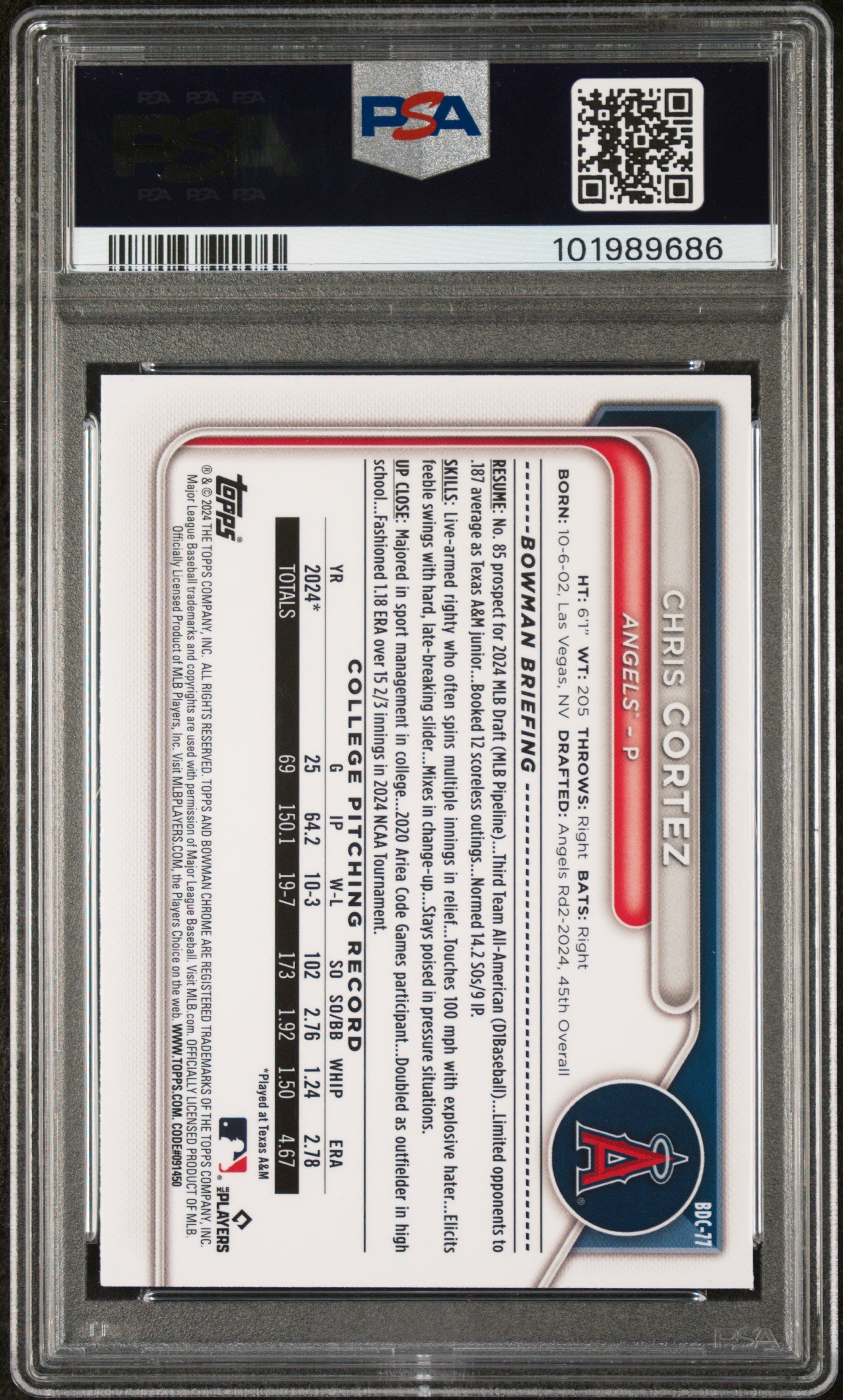 2024 Bowman Draft #BDC77 Chris Cortez Chrome-Aqua Wave PSA 10