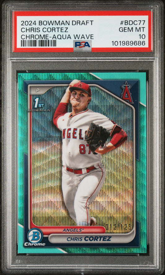2024 Bowman Draft #BDC77 Chris Cortez Chrome-Aqua Wave PSA 10