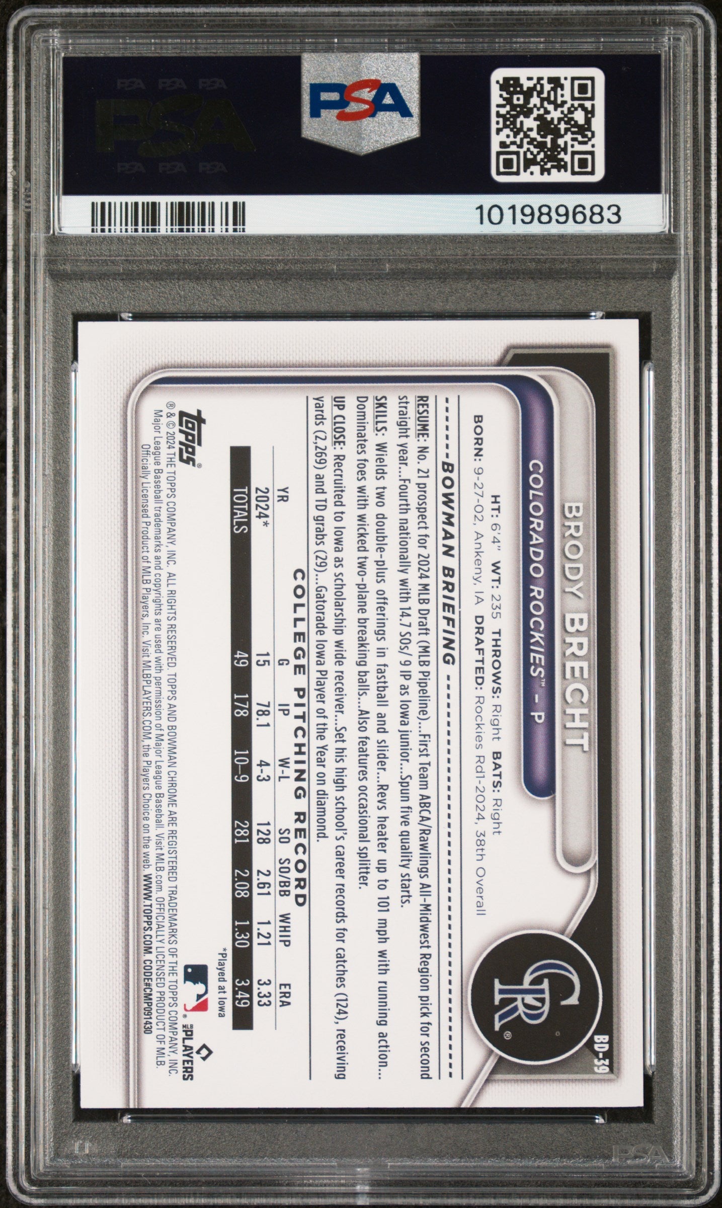 2024 Bowman Draft #BD39 Brody Brecht Sky Blue PSA 9