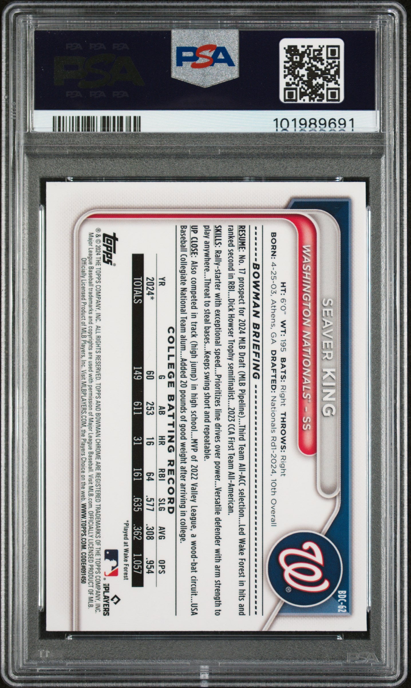 2024 Bowman Draft #BDC62 Seaver King Chrome PSA 8