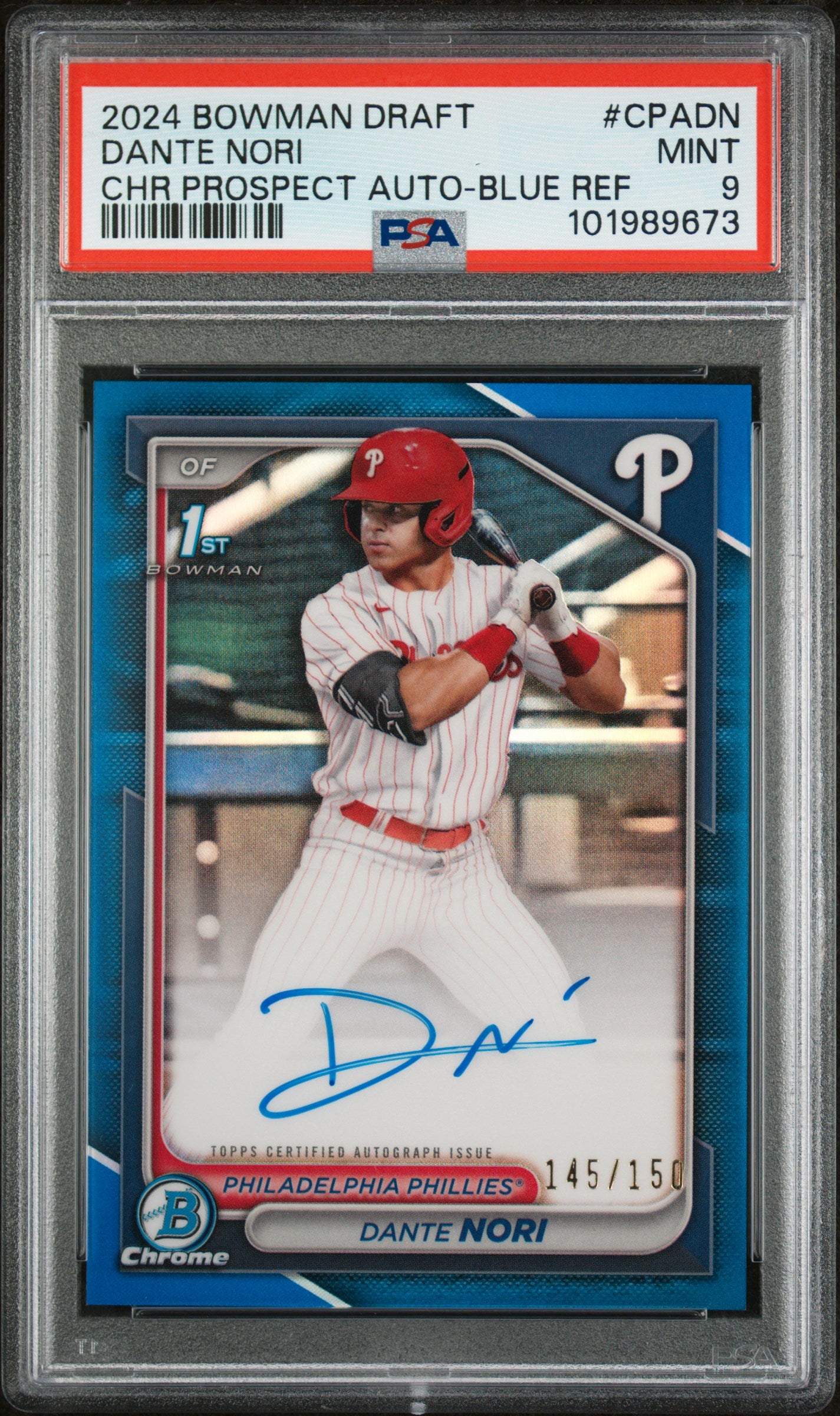 2024 Bowman Draft Chrome Autographs #CPADN Dante Nori-Blue/150 PSA 9