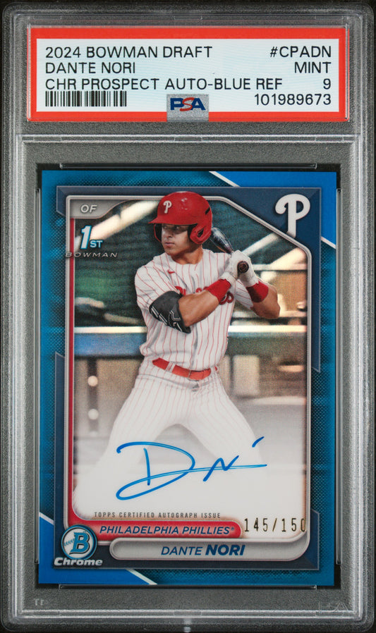2024 Bowman Draft Chrome Autographs #CPADN Dante Nori-Blue/150 PSA 9