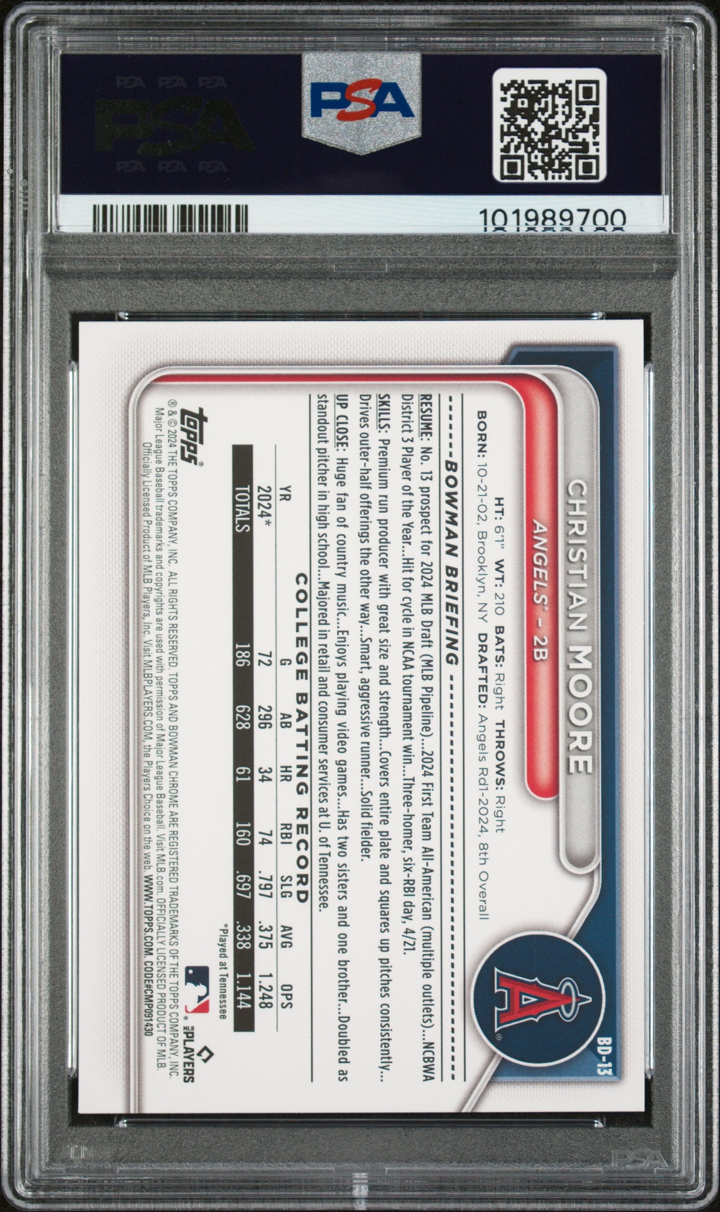 2024 Bowman Draft #BD13 Christian Moore PSA 10