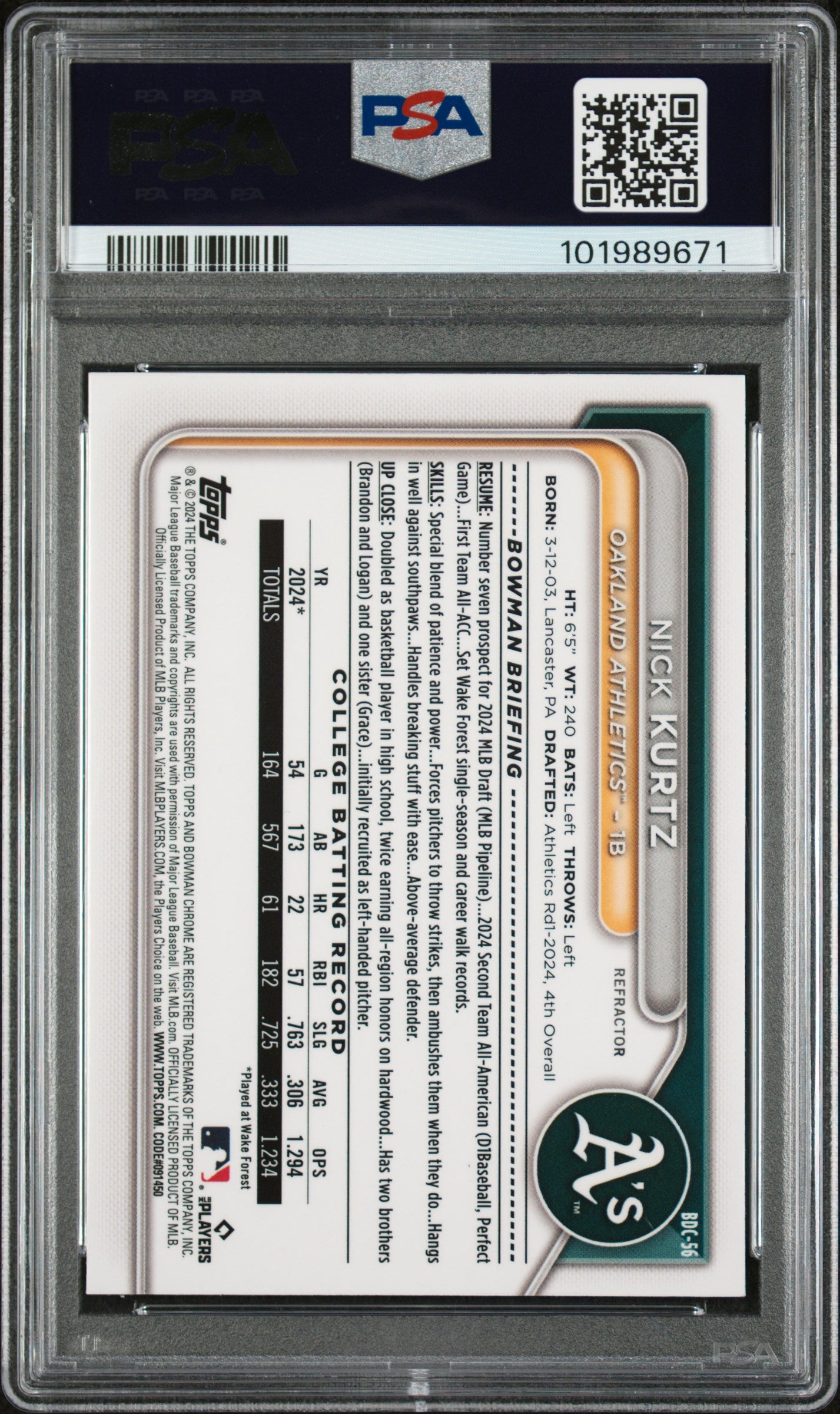 2024 Bowman Draft #BDC56 Nick Kurtz Chrome-Refractor PSA 8
