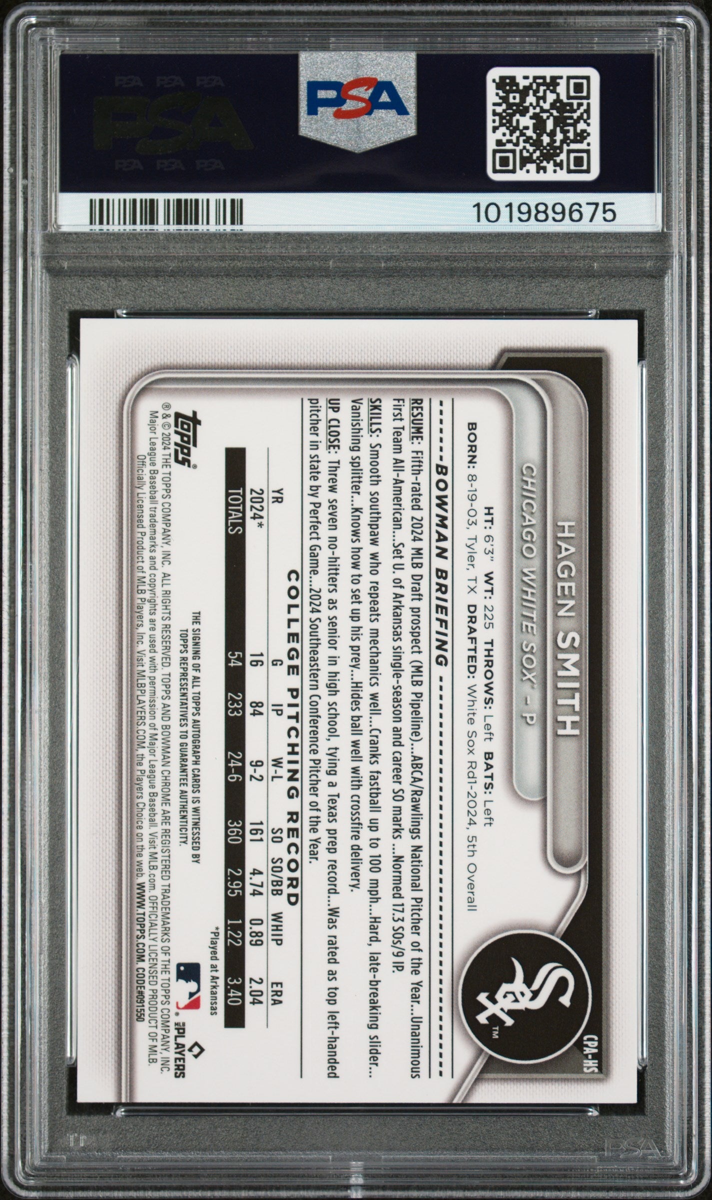 2024 Bowman Draft Chrome Prospect Autographs #CPAHS Hagen Smith PSA 10