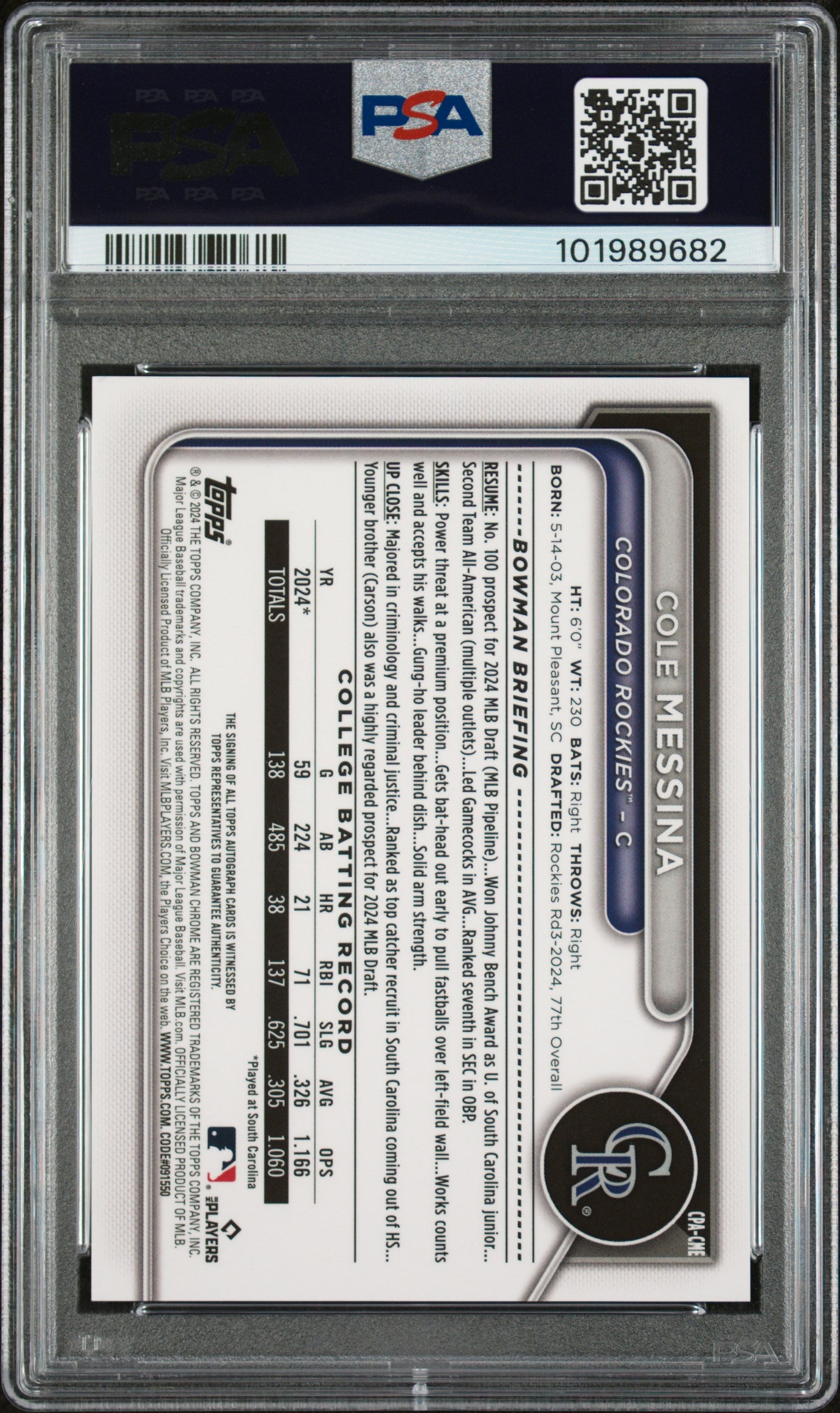 2024 Bowman Draft Chrome Autographs #CPACME Cole Messina Blue Wave PSA 9