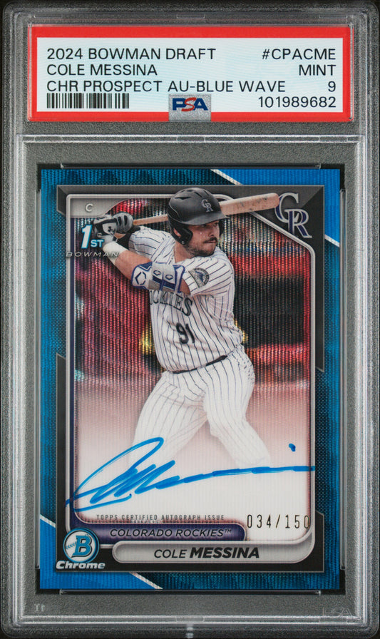 2024 Bowman Draft Chrome Autographs #CPACME Cole Messina Blue Wave PSA 9