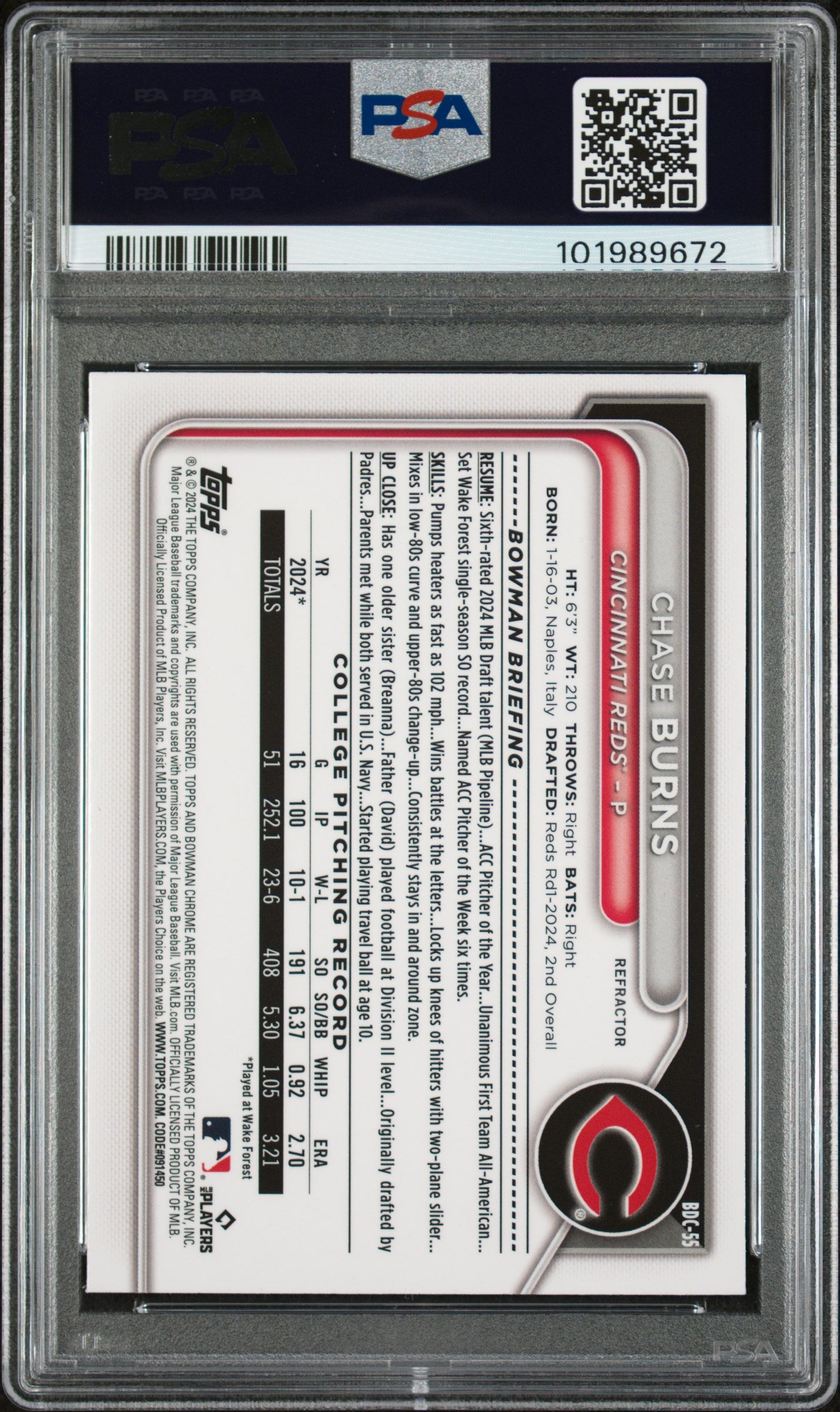 2024 Bowman Draft #BDC55 Chase Burns Chrome-Refractor PSA 8
