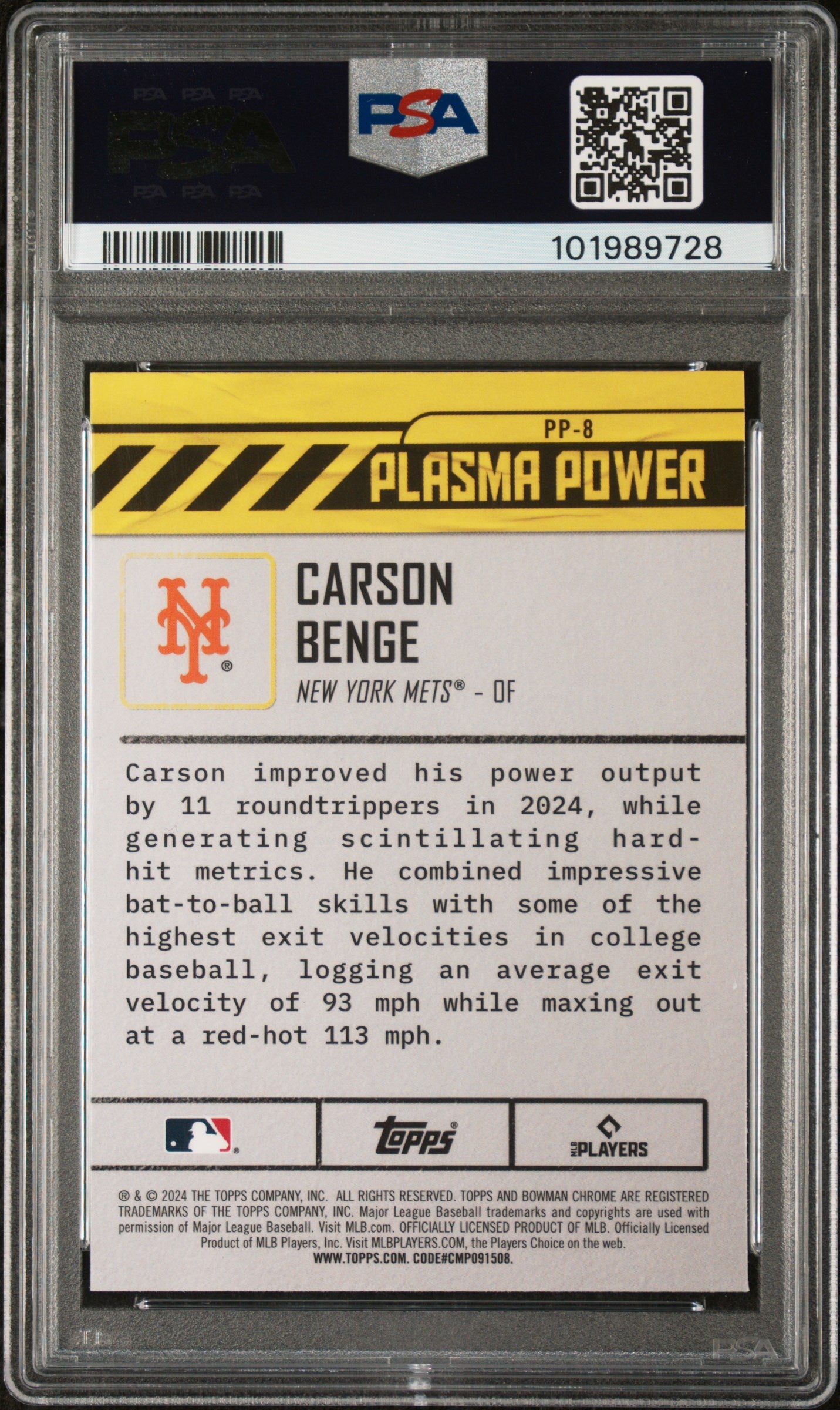2024 Bowman Draft Plasma Power #PP8 Carson Benge PSA 9