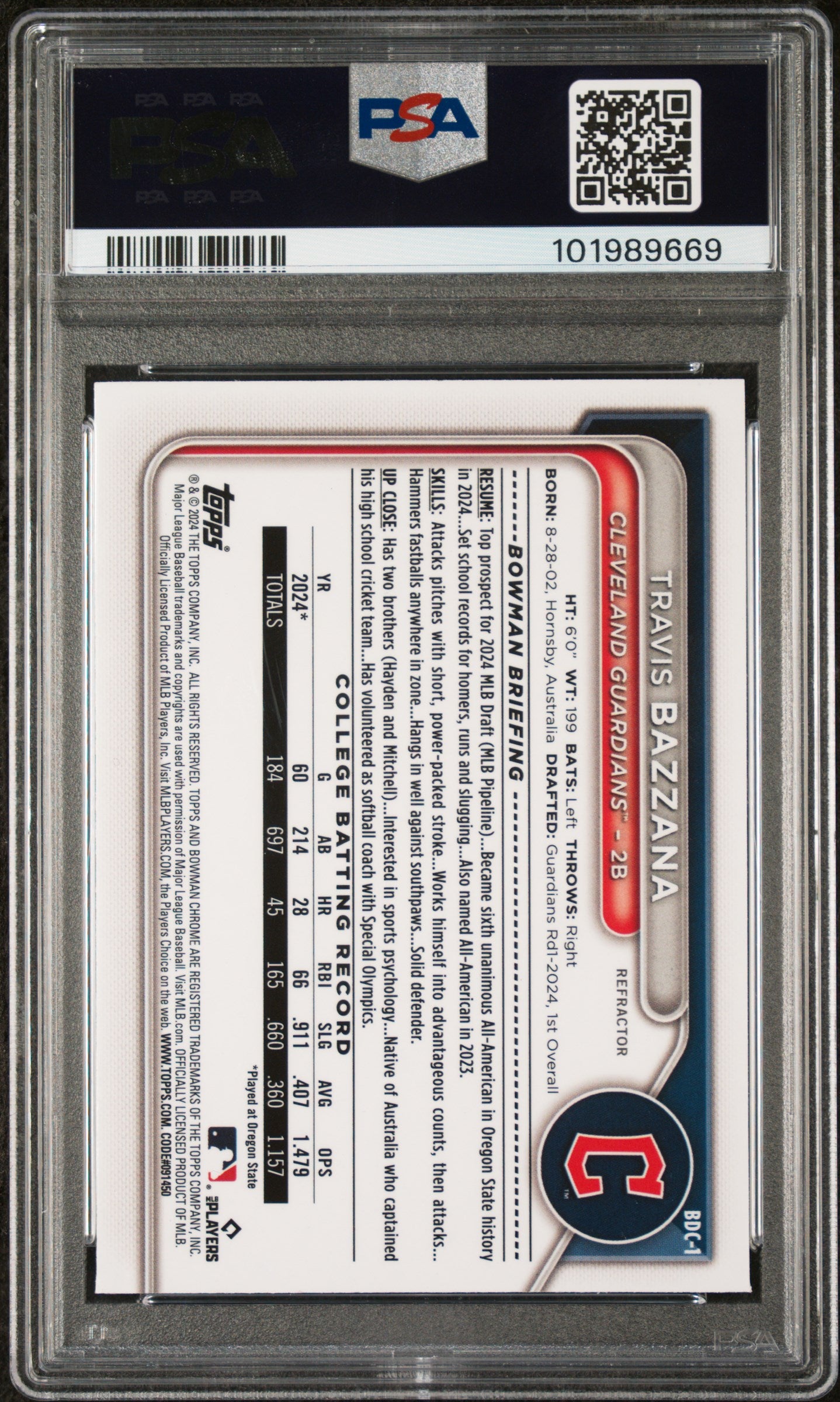 2024 Bowman Draft #BDC1 Travis Bazzana Chrome-Refractor PSA 8