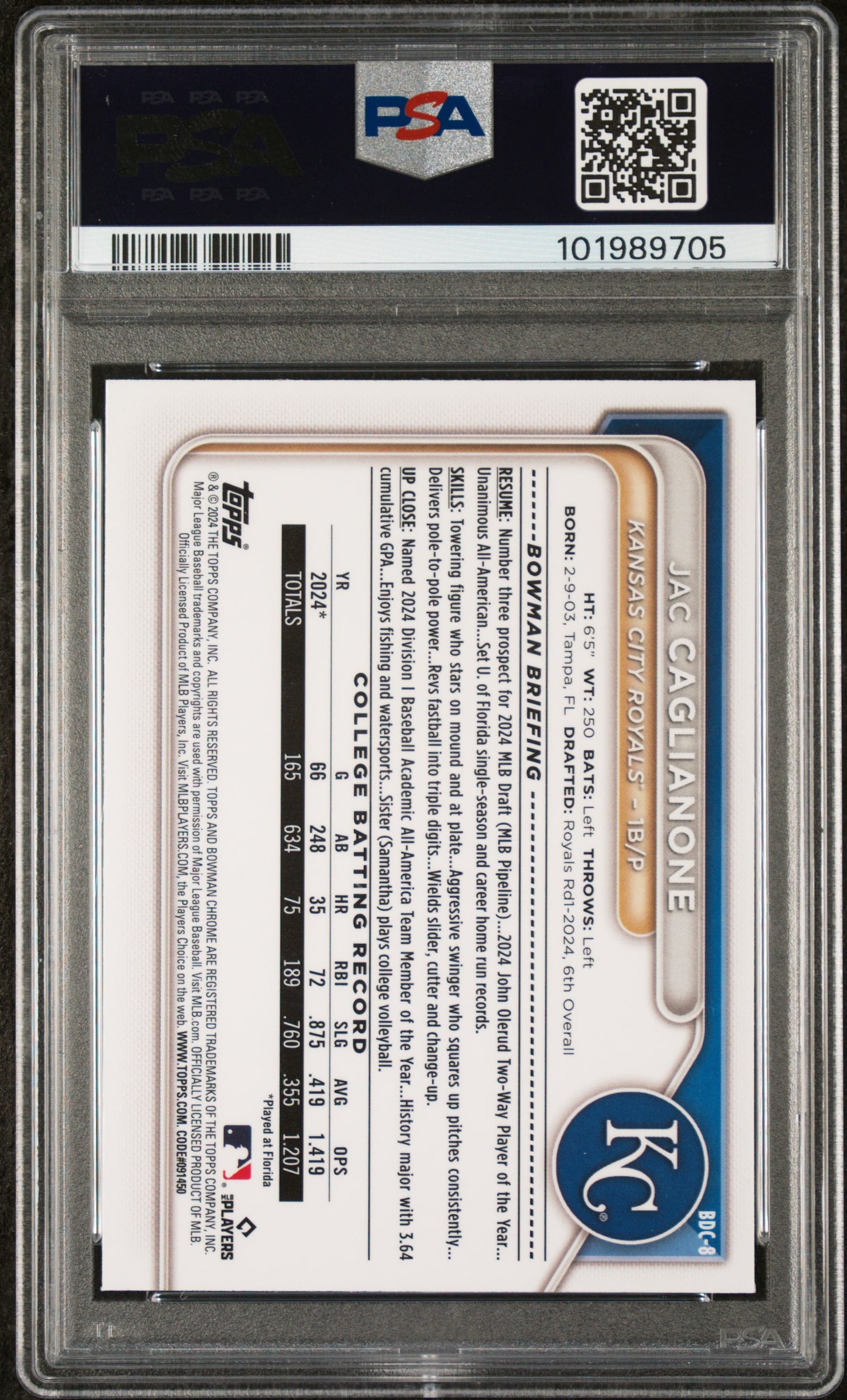 2024 Bowman Draft #BDC8 Jac Caglianone Chrome PSA 10