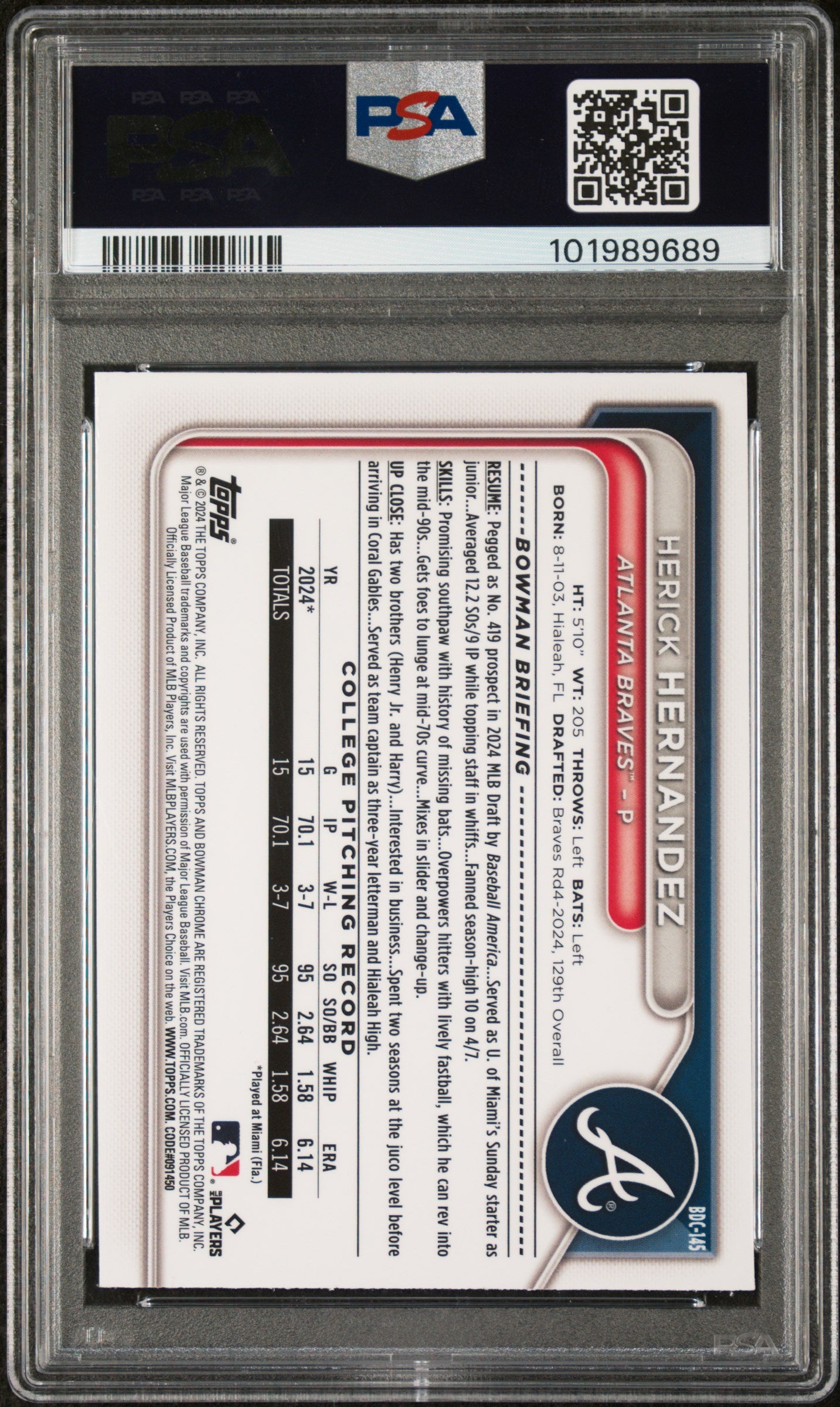 2024 Bowman Draft #BDC145 Herick Hernandez Chrome-Lunar Glow Ref PSA 10