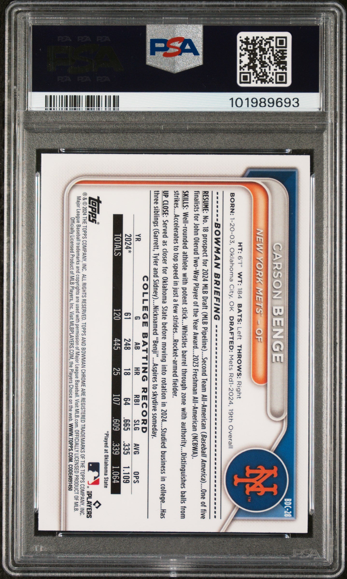 2024 Bowman Draft #BDC28 Carson Benge Chrome PSA 9