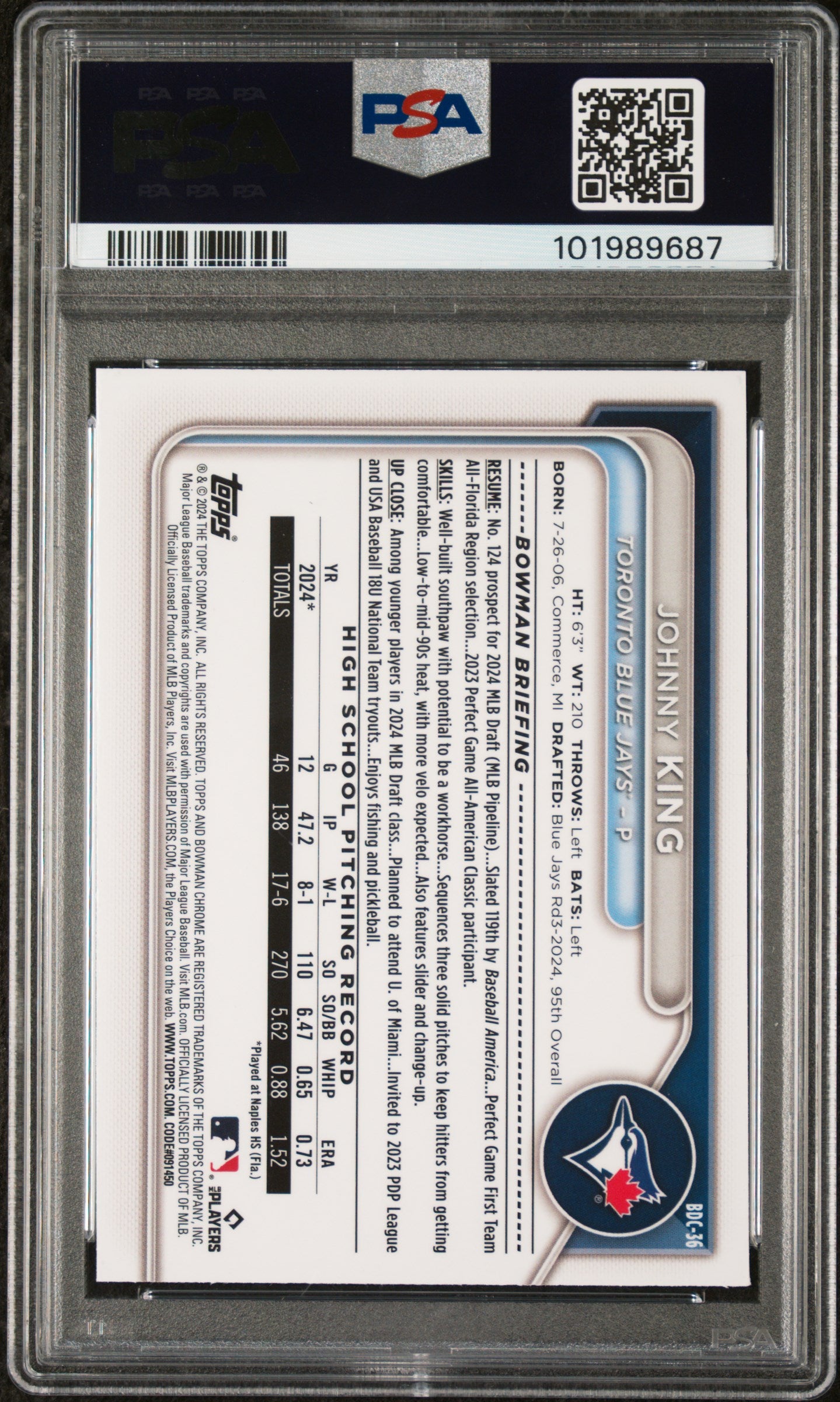 2024 Bowman Draft #BDC36 Johnny King Chrome-Lunar Glow Ref PSA 9