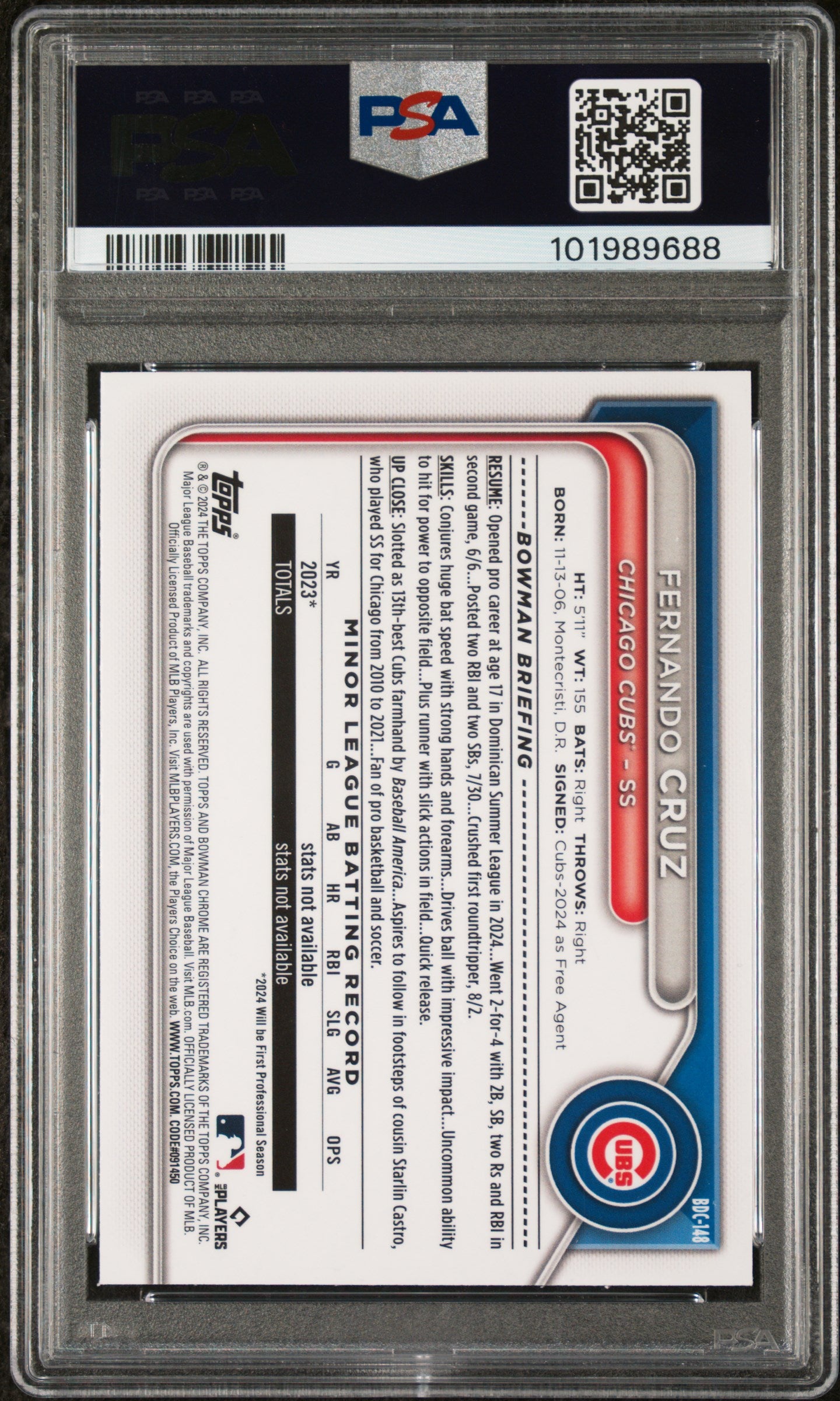 2024 Bowman Draft #BDC148 Fernando Cruz Chr-Aqua Lunar Crater Ref PSA 10