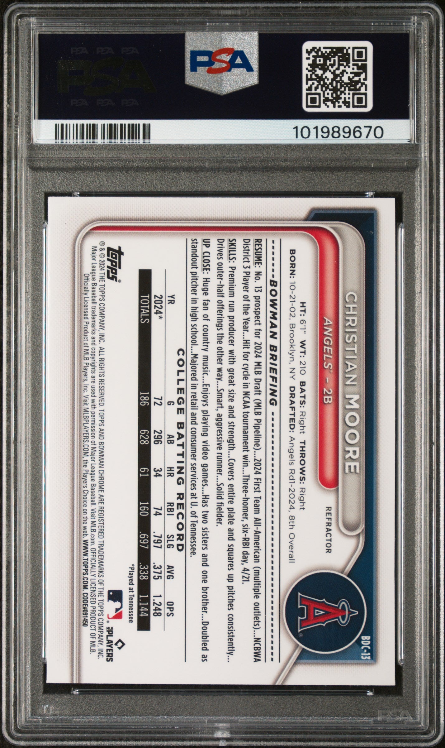 2024 Bowman Draft #BDC13 Christian Moore Chrome-Refractor PSA 9