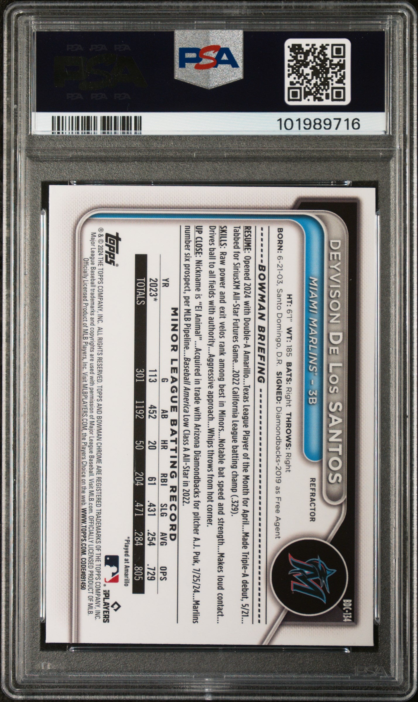2024 Bowman Draft #BDC134 D. De Los Santos Chrome-Refractor PSA 10