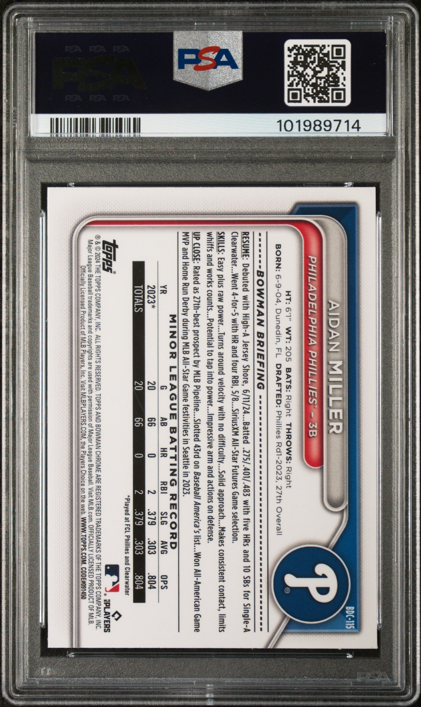 2024 Bowman Draft #BDC115 Aidan Miller Chrome PSA 10