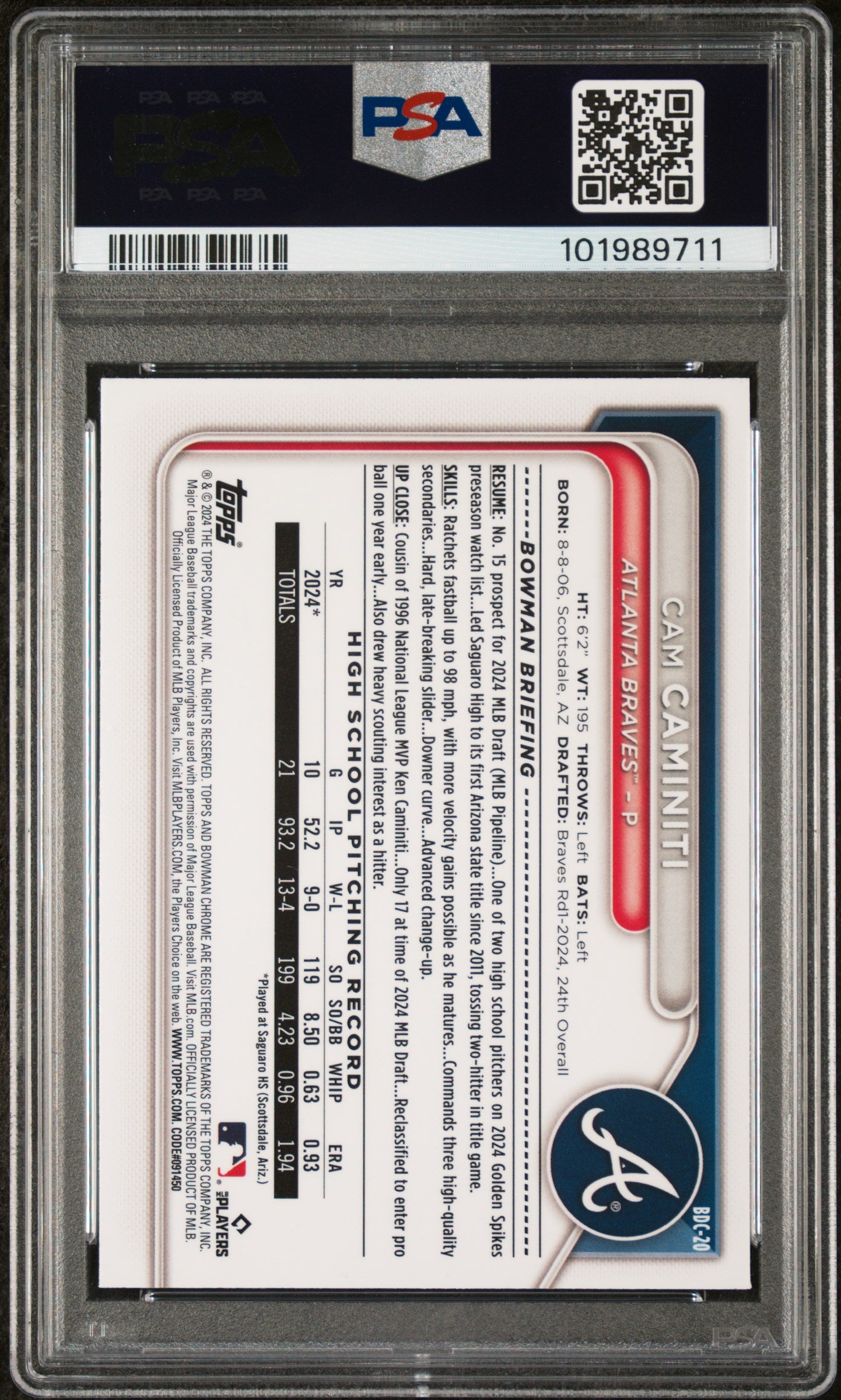 2024 Bowman Draft #BDC20 Cam Caminiti Chrome PSA 10