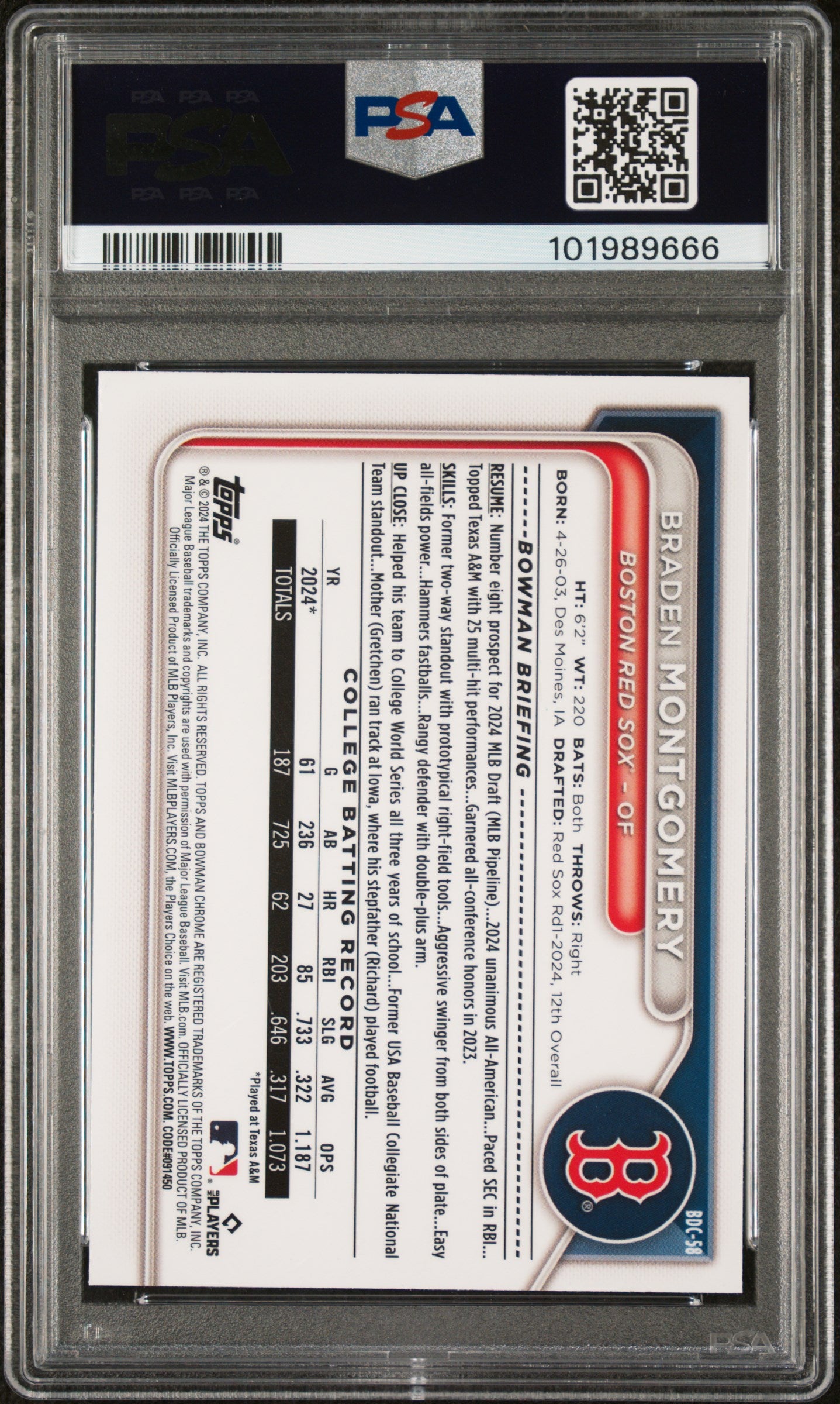 2024 Bowman Draft #BDC58 Braden Montgomery Chrome PSA 9