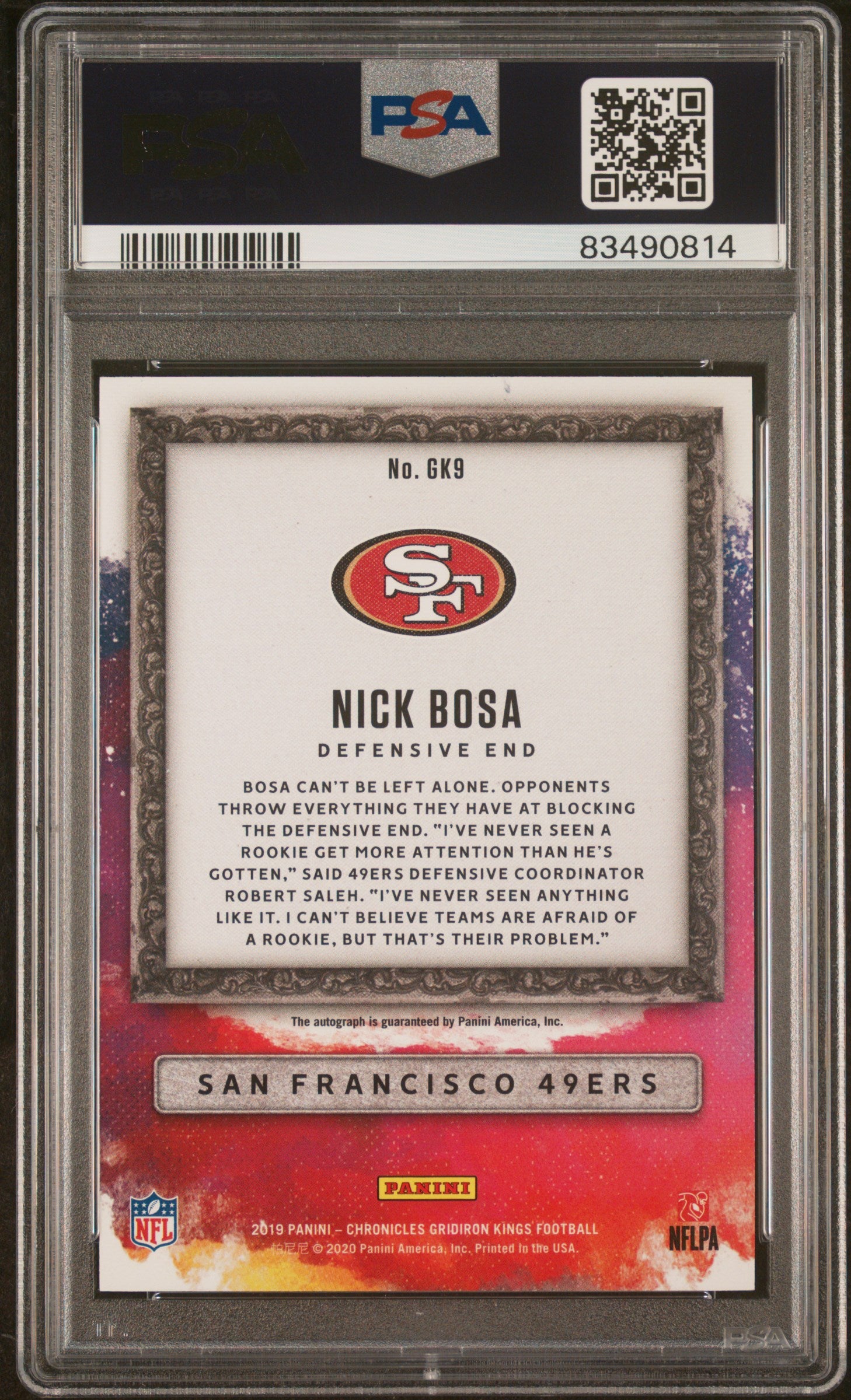 2019 Panini Gridiron Kings #GK9 Nick Bosa Gridiron Kings-Signature PSA 10