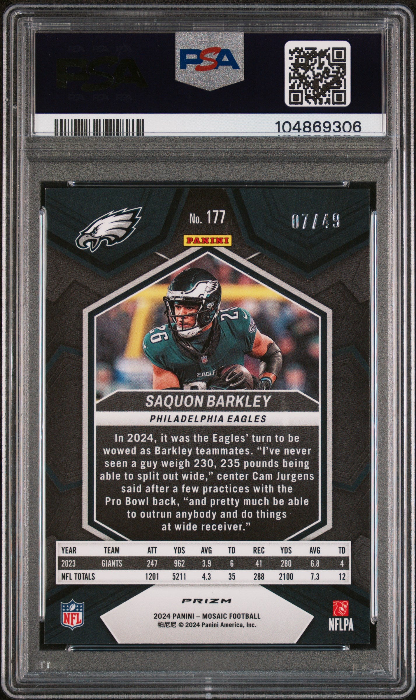 2024 Panini Mosaic #177 Saquon Barkley Purple PSA 9