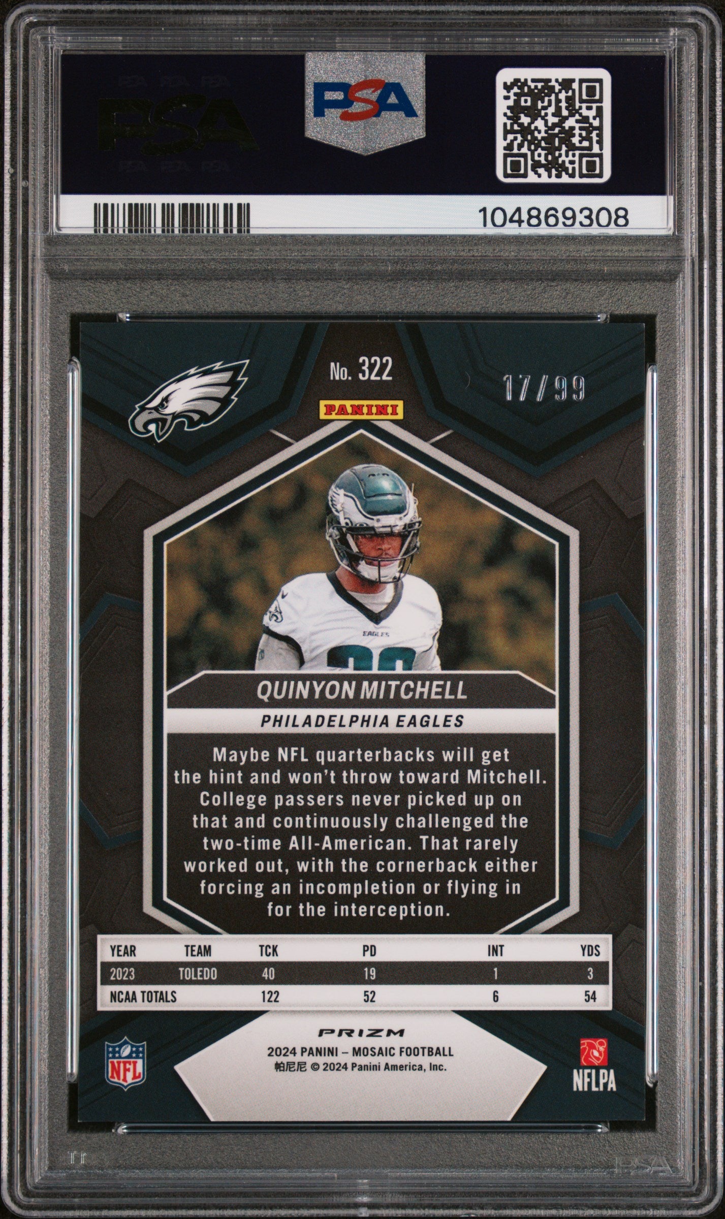 2024 Panini Mosaic #322 Quinyon Mitchell Blue PSA 10