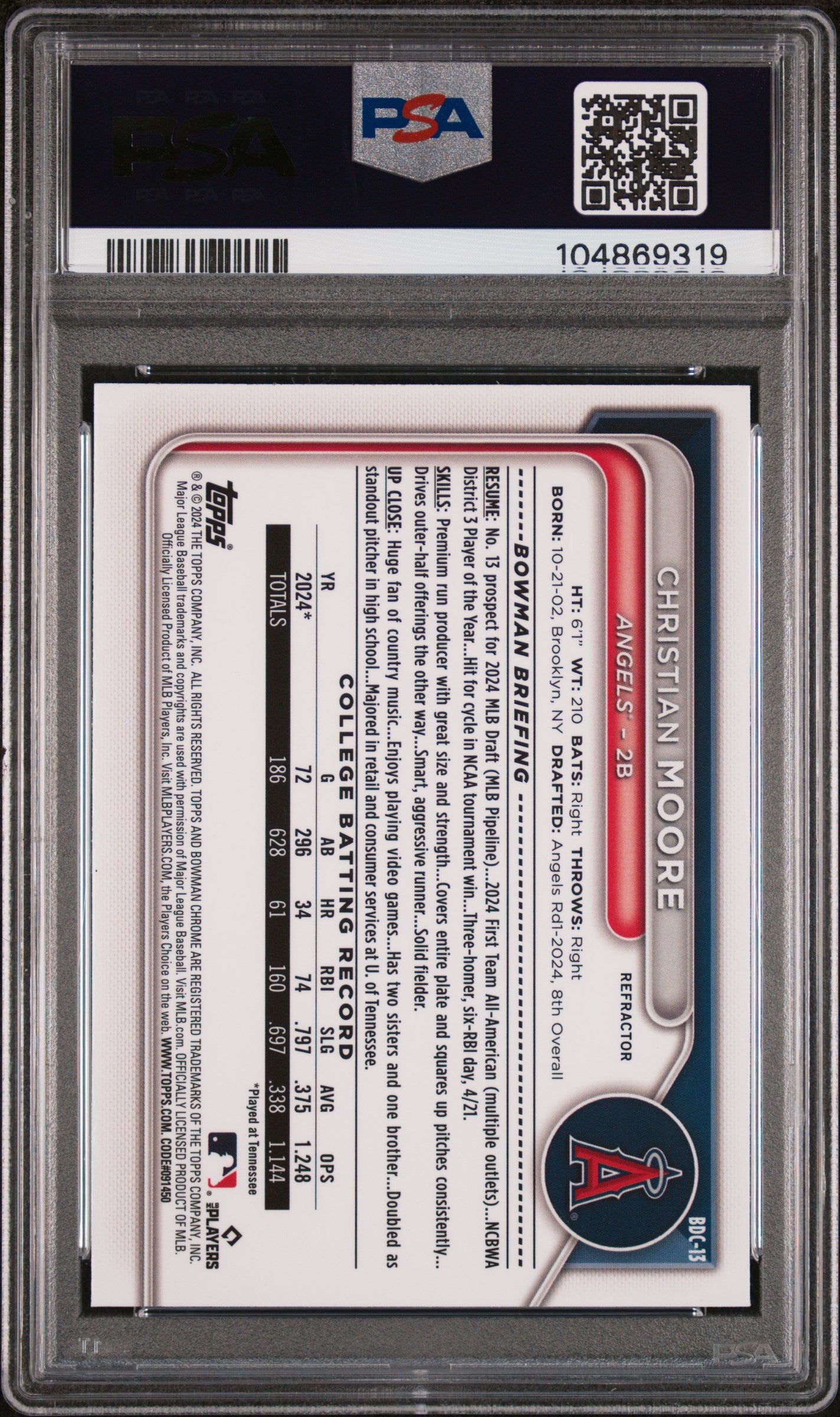 2024 Bowman Draft #BDC13 Christian Moore Chrome-Refractor PSA 9