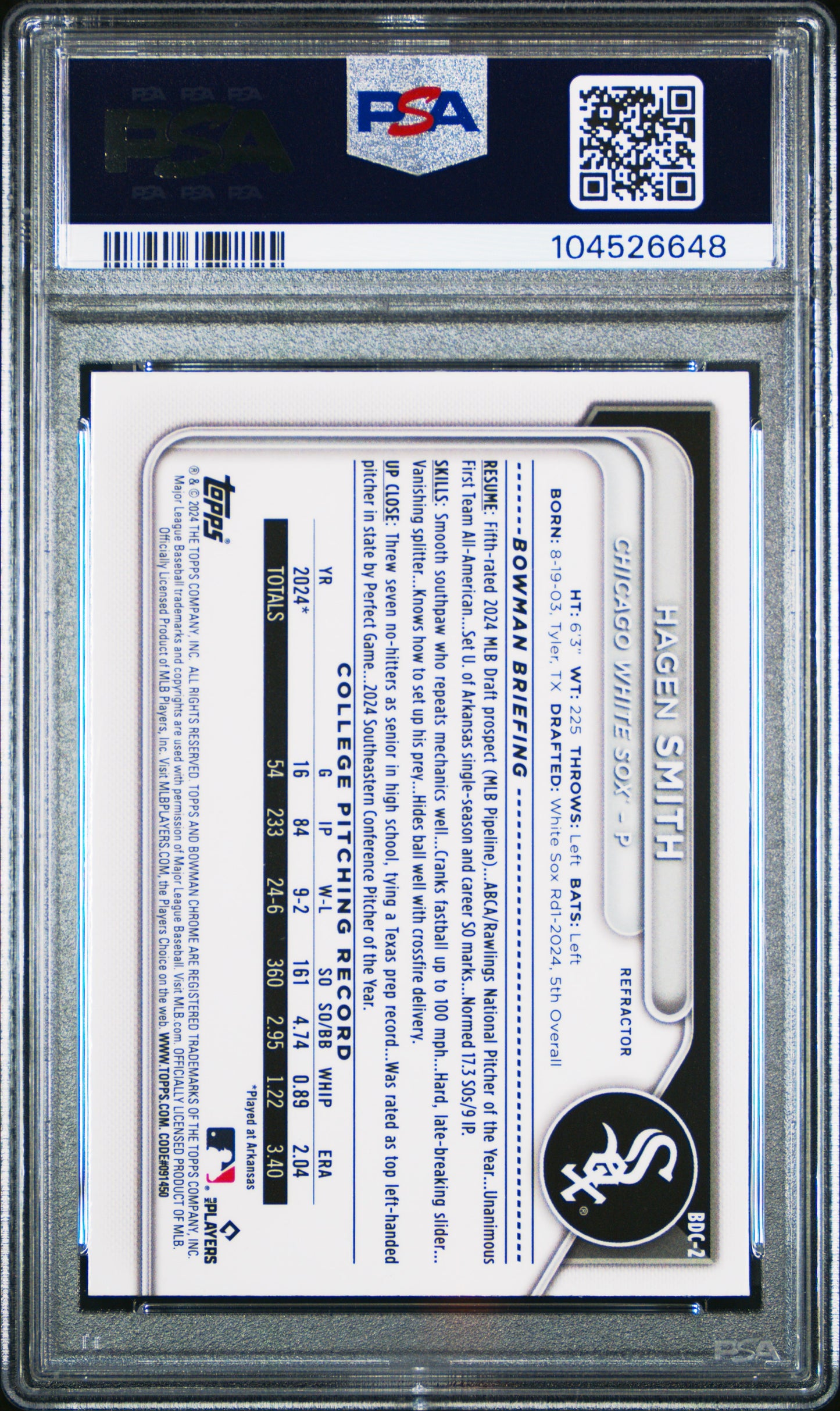 2024 Bowman Draft #BDC2 Hagen Smith Chrome-Refractor PSA 8