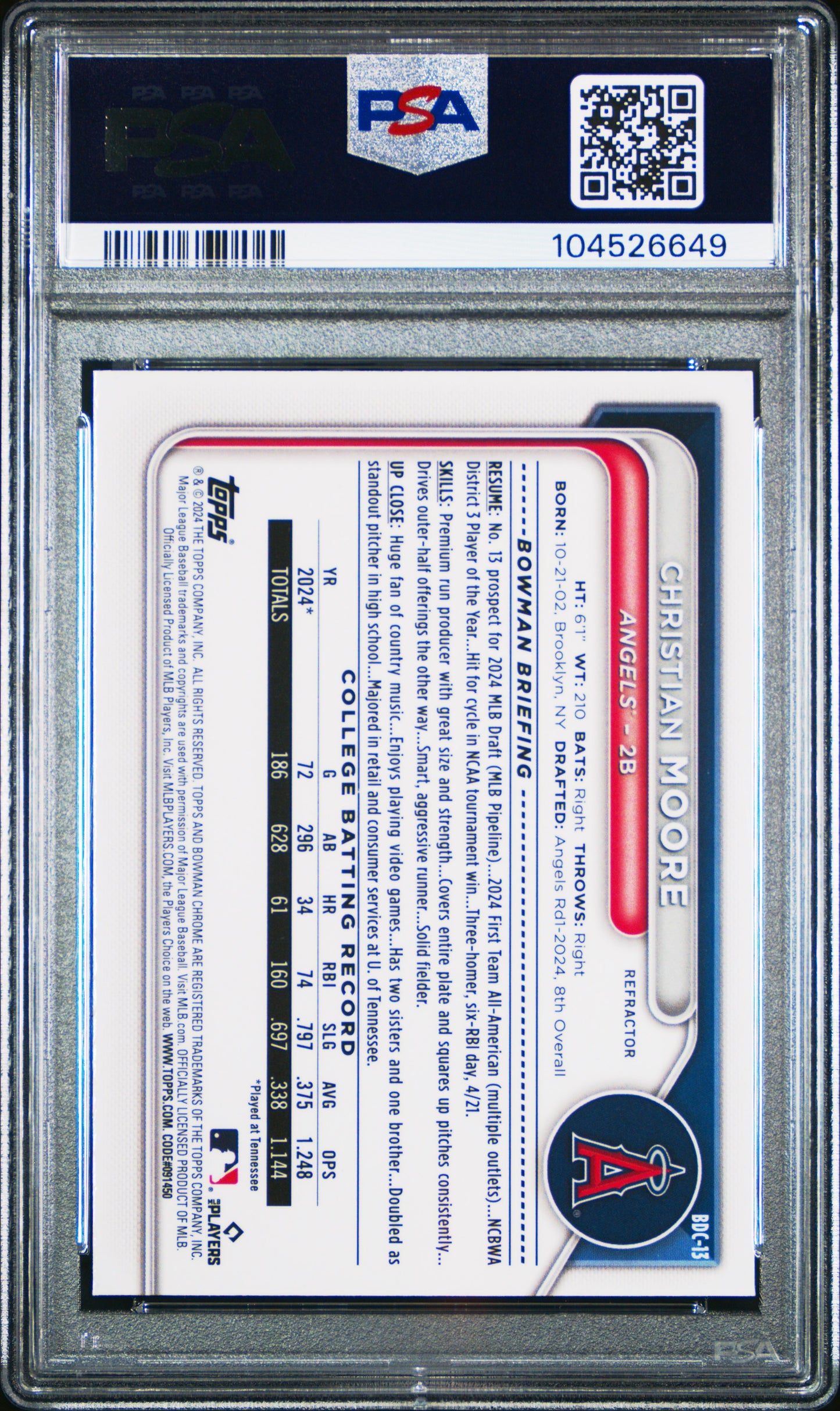 2024 Bowman Draft #BDC13 Christian Moore Chrome-Refractor PSA 9