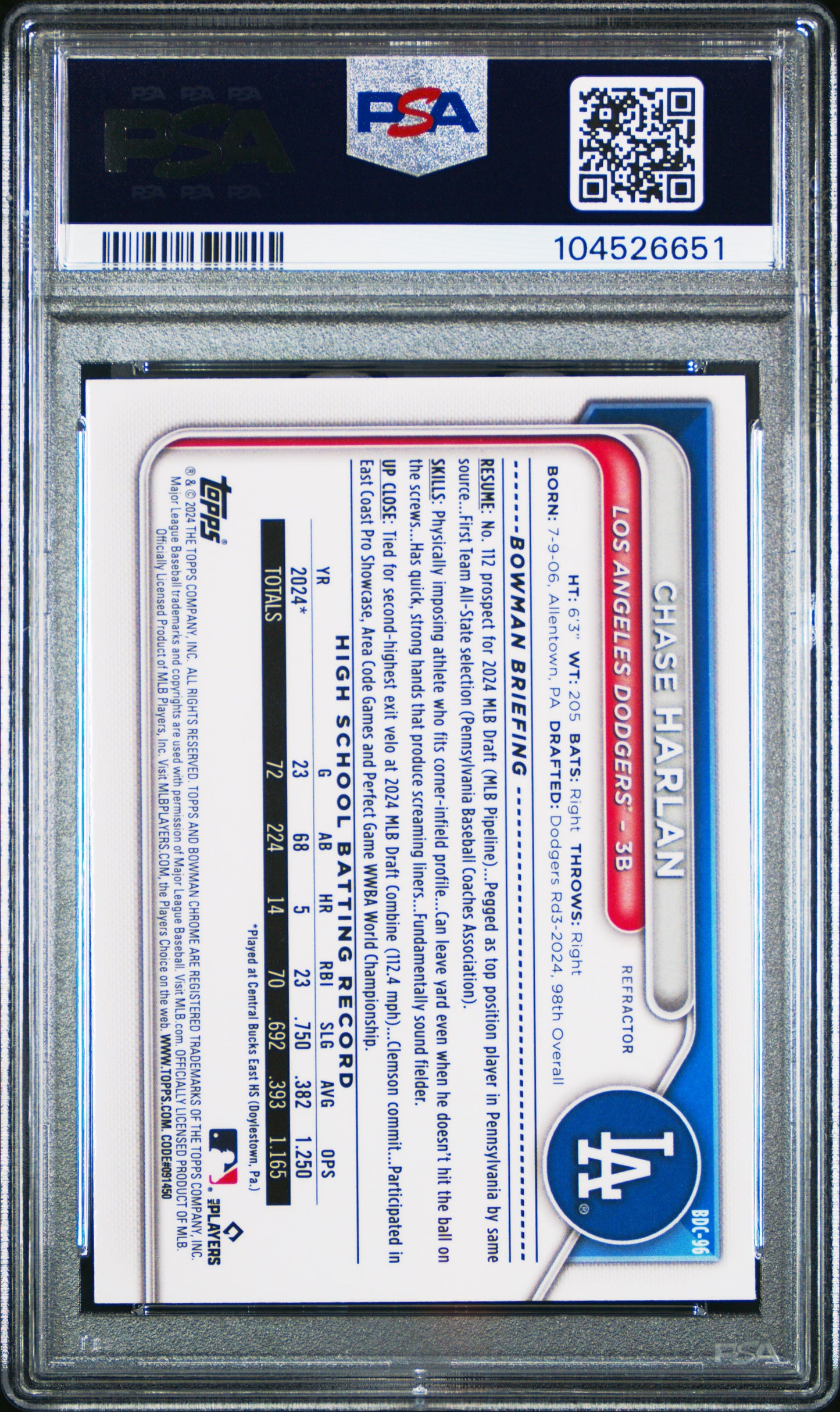 2024 Bowman Draft #BDC96 Chase Harlan Chrome-Refractor PSA 7