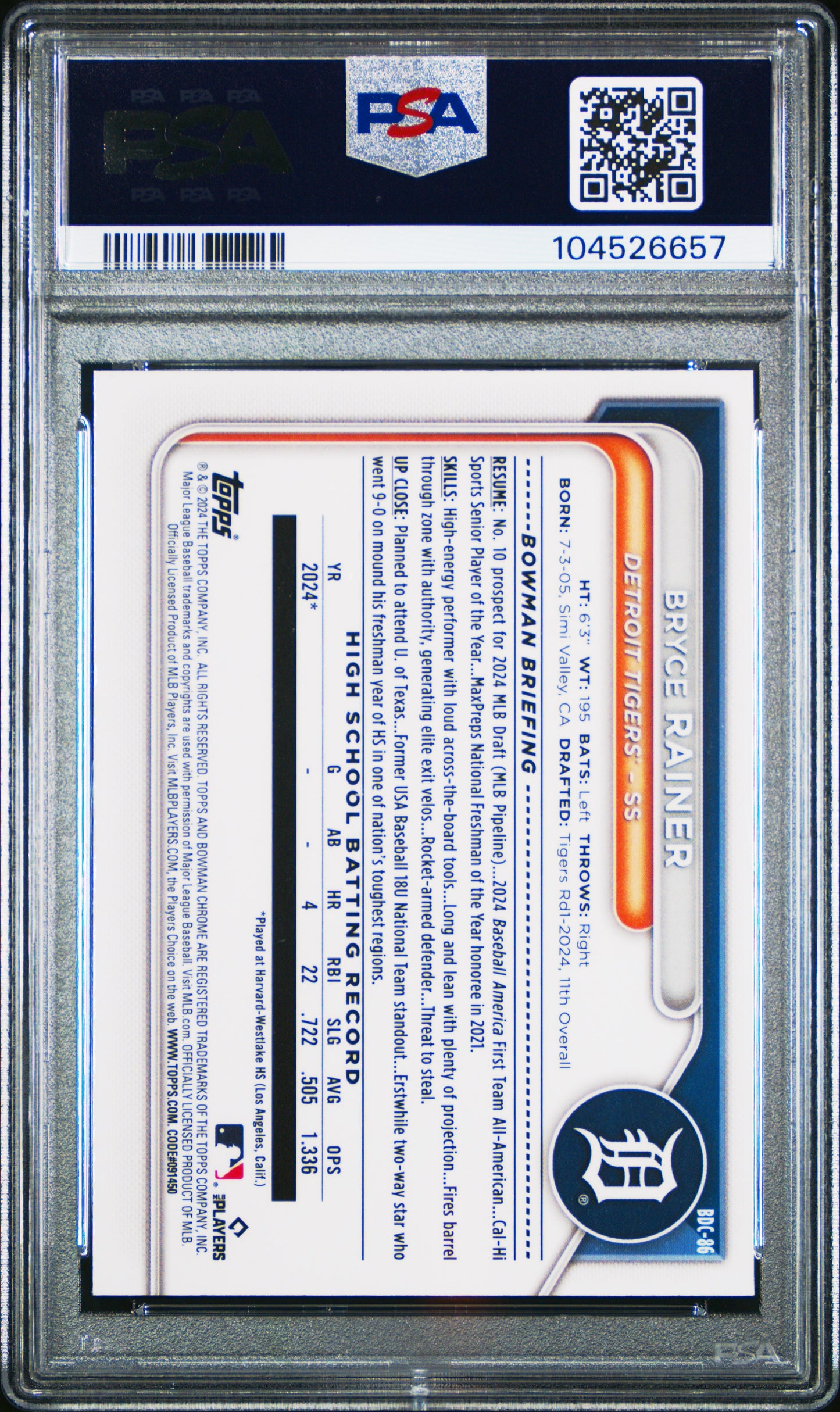 2024 Bowman Draft #BDC86 Bryce Rainer Chrome PSA 9