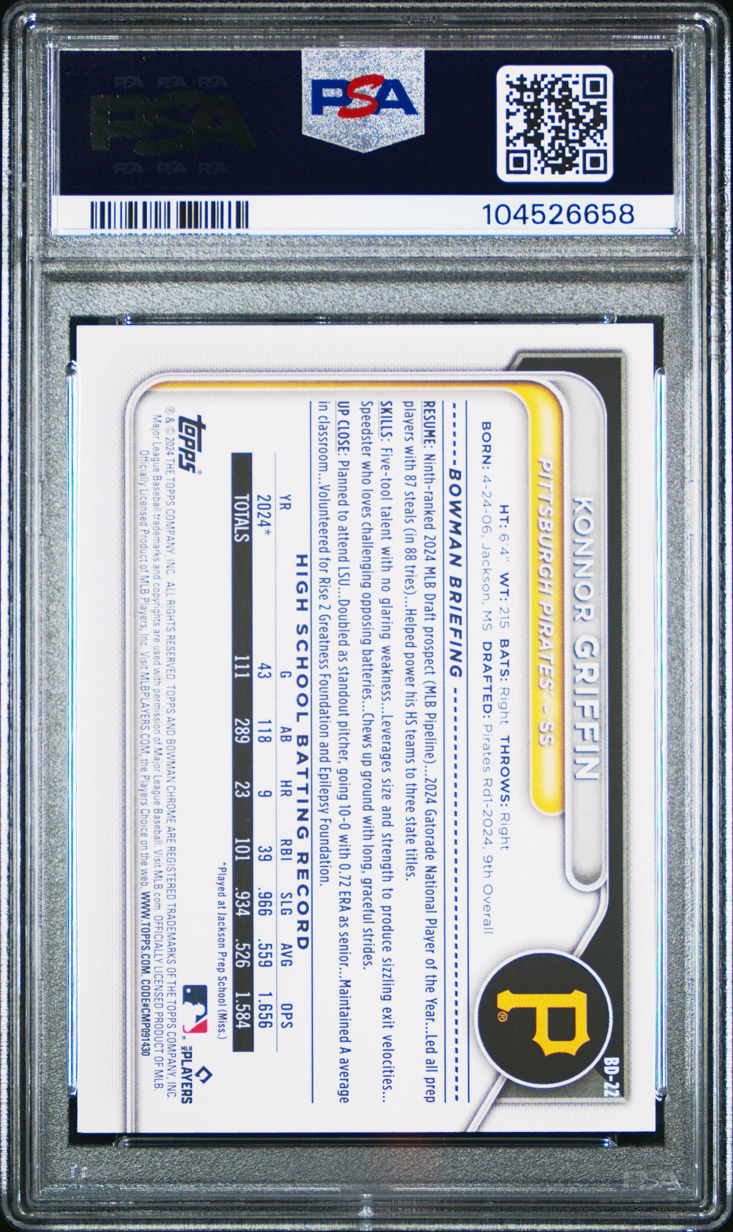 2024 Bowman Draft #BD22 Konnor Griffin PSA 10
