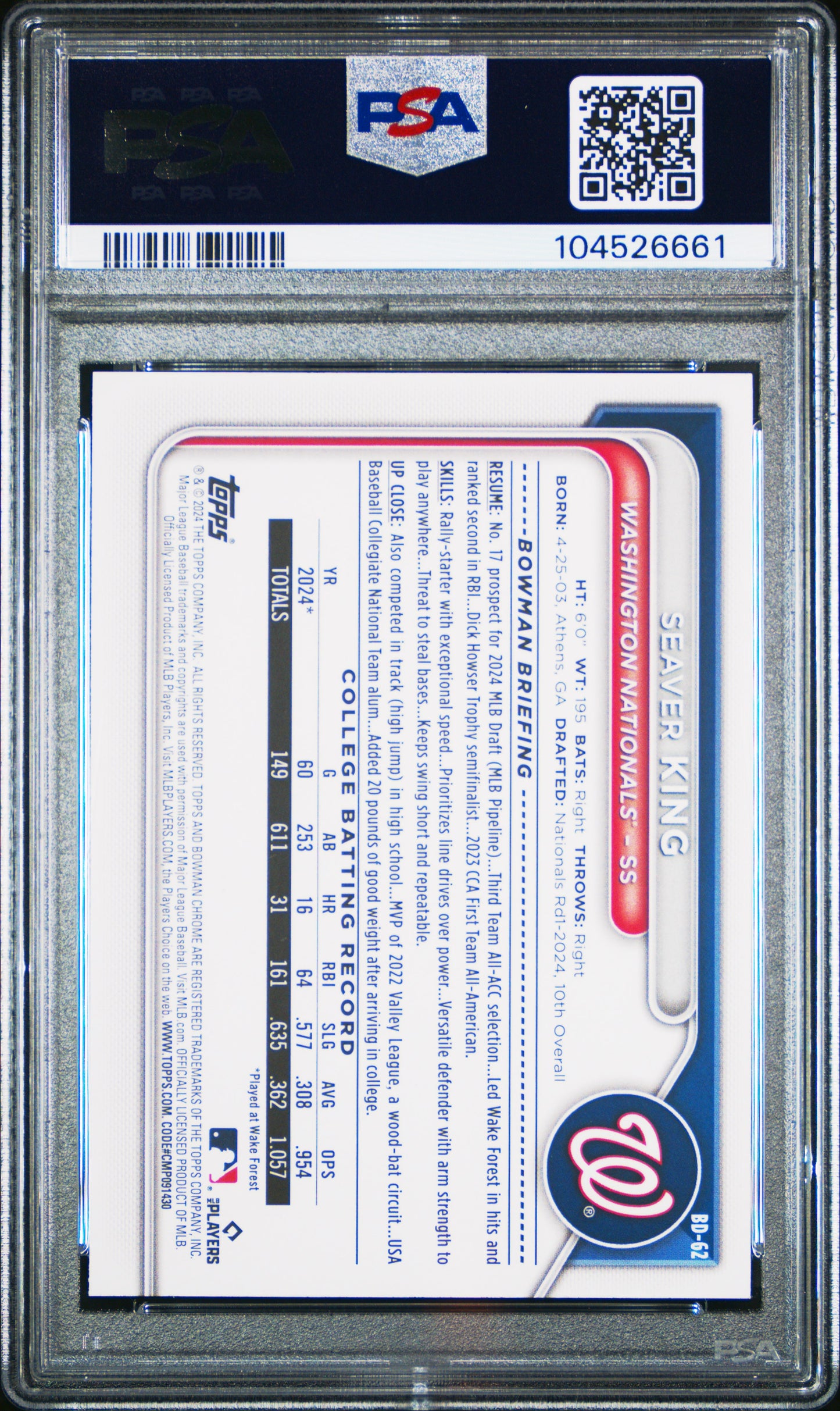 2024 Bowman Draft #BD62 Seaver King PSA 10