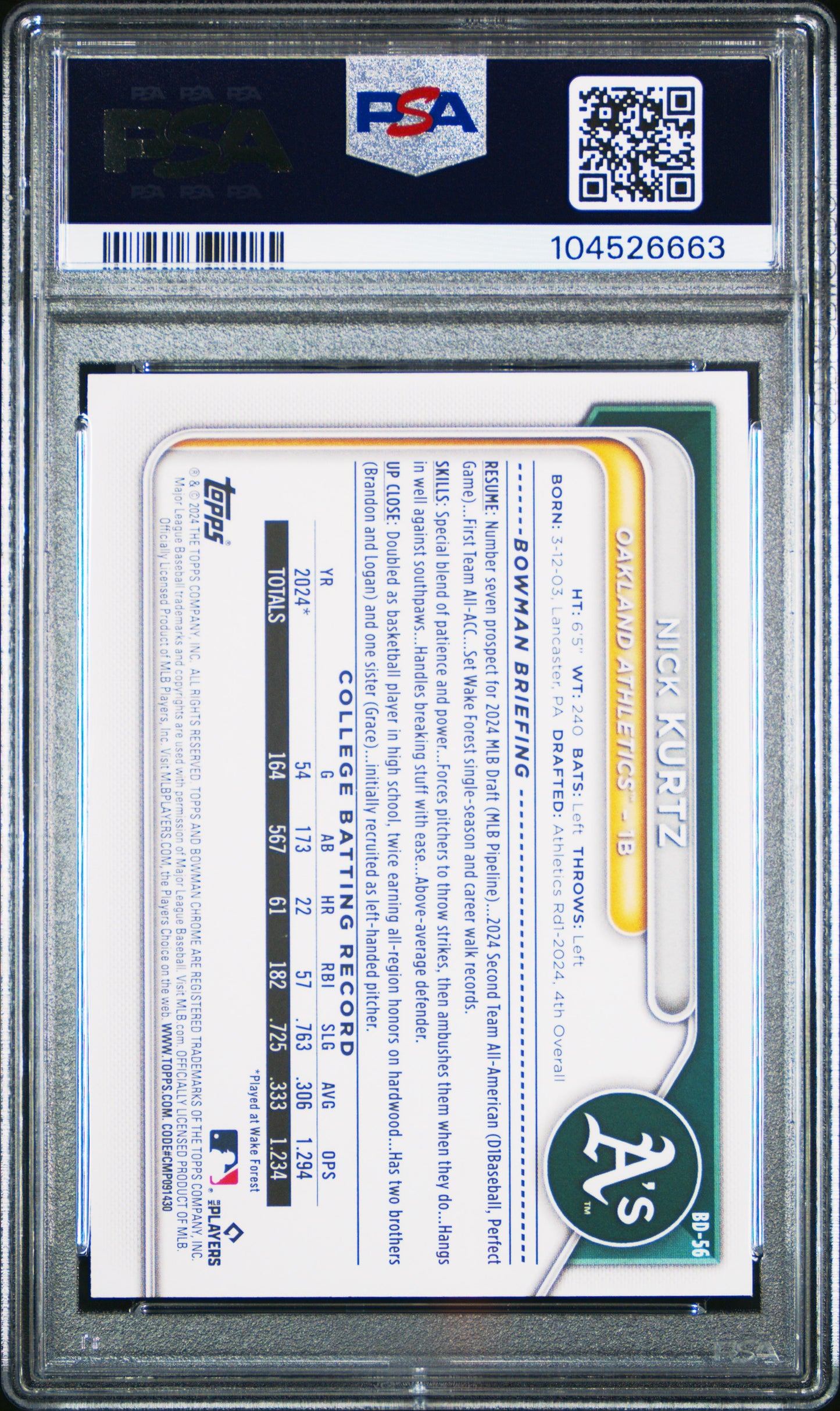2024 Bowman Draft #BD56 Nick Kurtz PSA 10