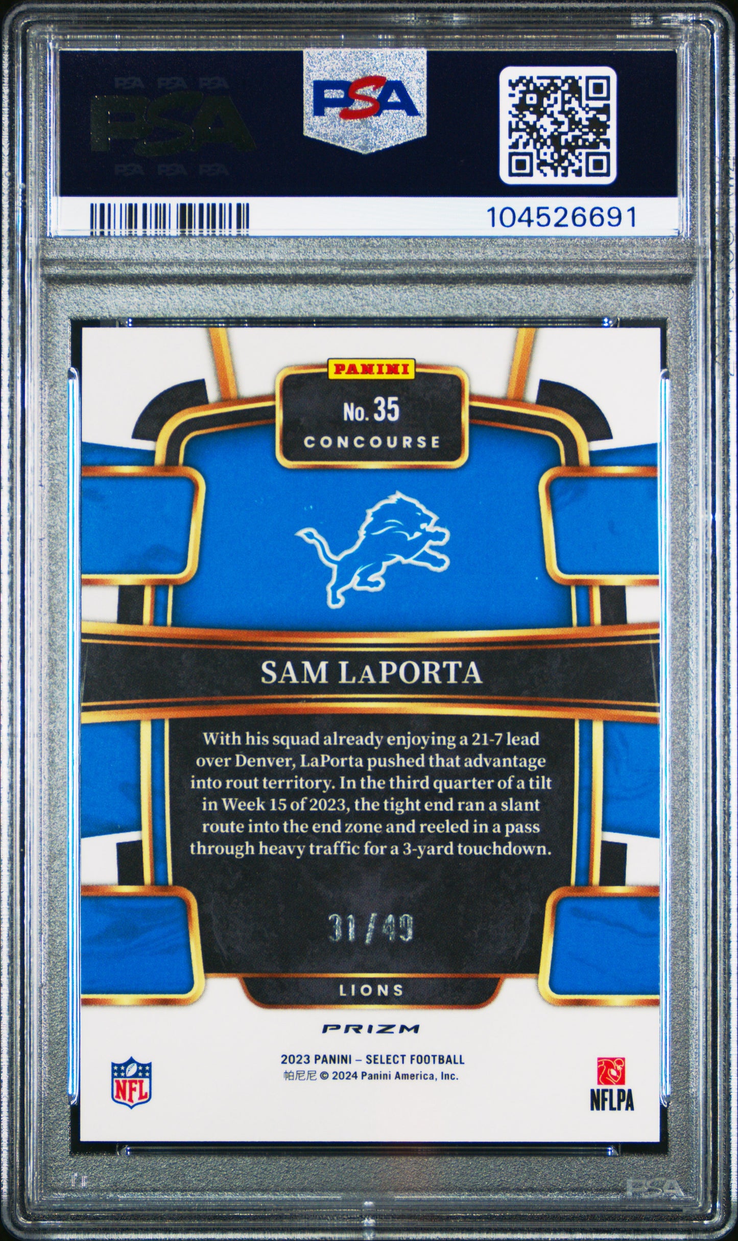 2023 Panini Select #35 Sam Laporta Orange Prizm PSA 10