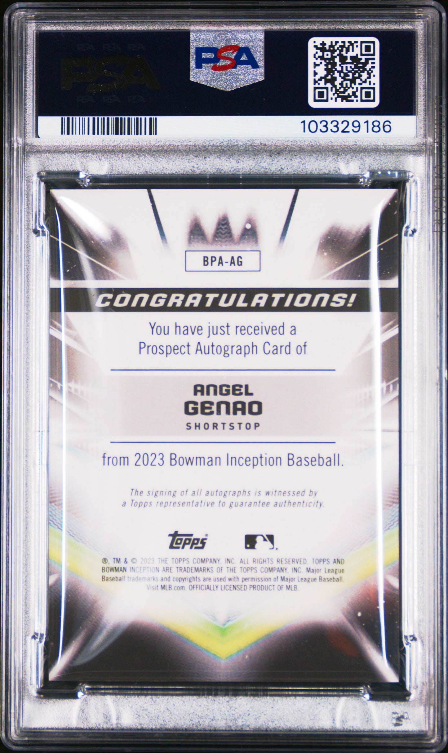 2023 Bowman Inception Autographs #BPAAG Angel Genao Autograph-Blue Foil PSA 10