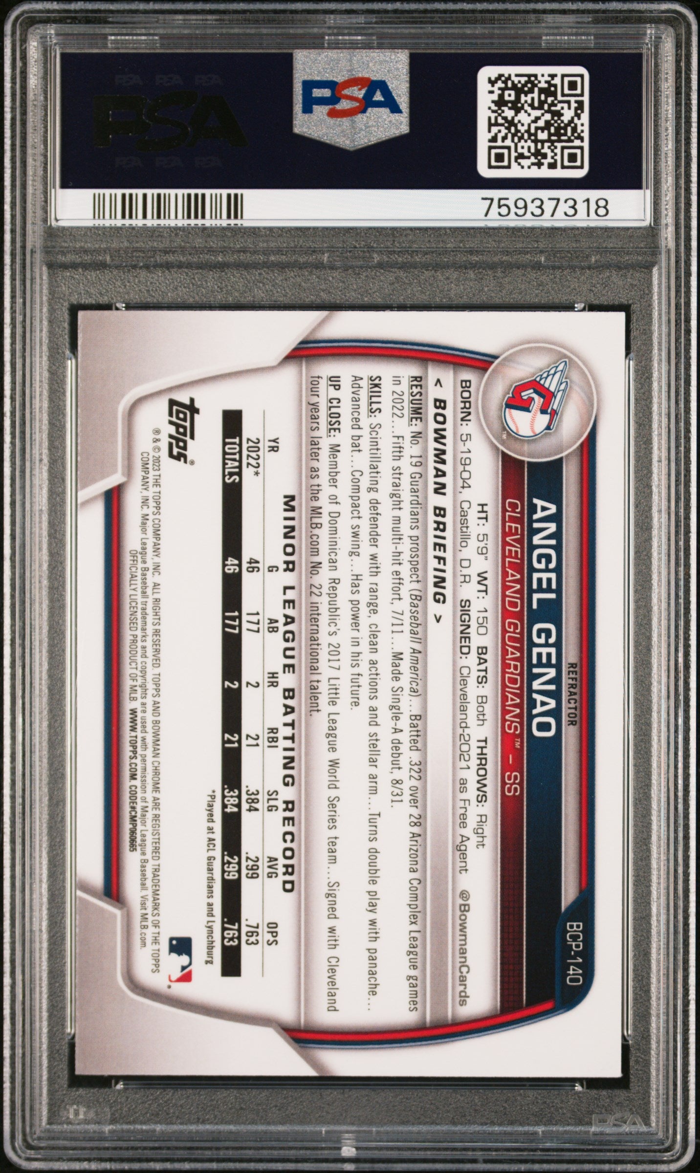 2023 Bowman Chrome Prospects #BCP140 Angel Genao Chr Pros-Lunar Glow Ref PSA 10